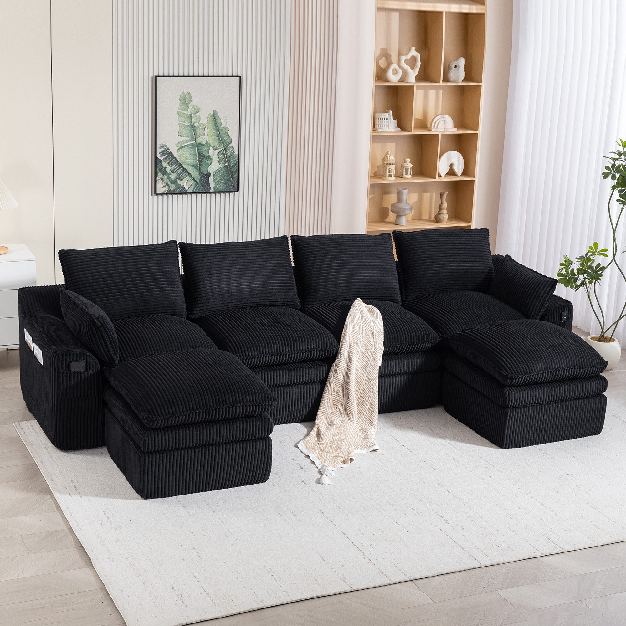 HAUSS SPOLE Loungesofa mit Seitentaschen,4-Sitzer Sitzgruppe Cordsofa mit 2 Hockern,Schwarz, Schwammstruktur mit integriertem Federkern, Frei kombinierbar – für Wohnzimmer, Büro & mehr
