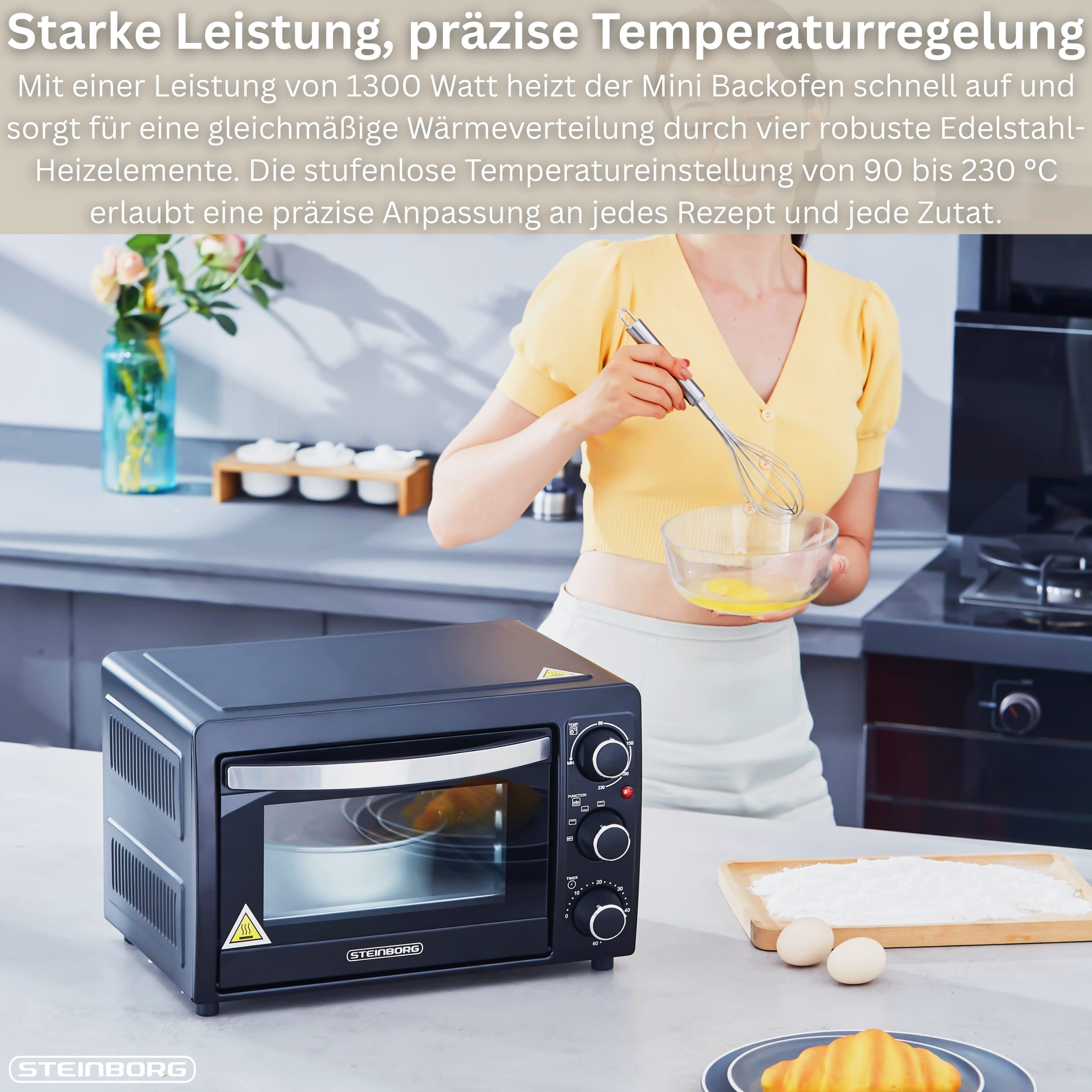 STEINBORG Minibackofen SB-3015, 15 Liter, mit Krümelblech, 1300 Watt