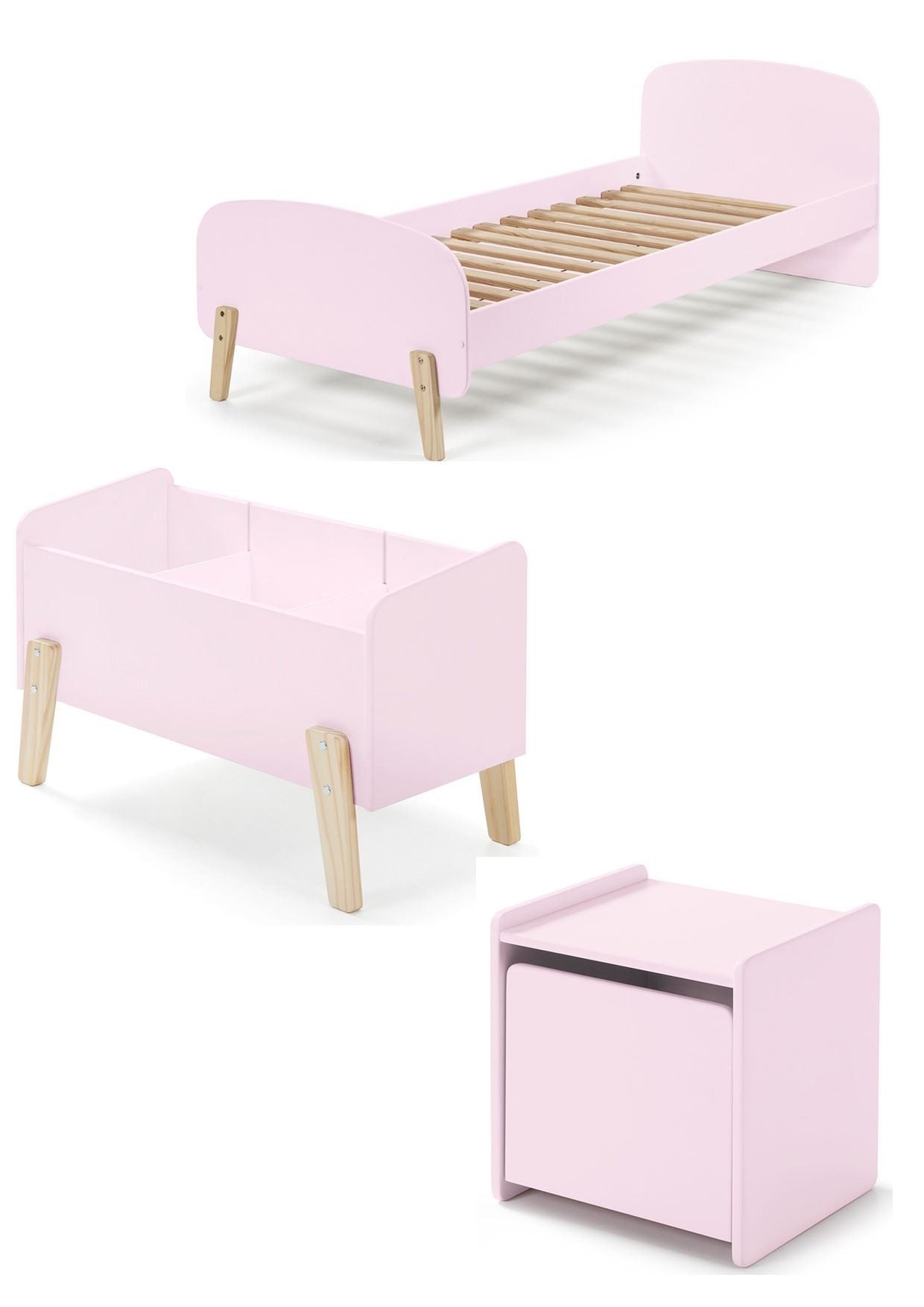 58 aufm Kessel Jugendzimmer-Set Kinderzimmer Set Karilynn 3 Bett Kommode Spielkiste Holz+MDF rosa, (inkl. Versand, Lieferung bis Verwendungsstelle), rosaLiegefläche 90 x 200,Lattenrost,Nachtkommode,Spielkiste,Retro-Look