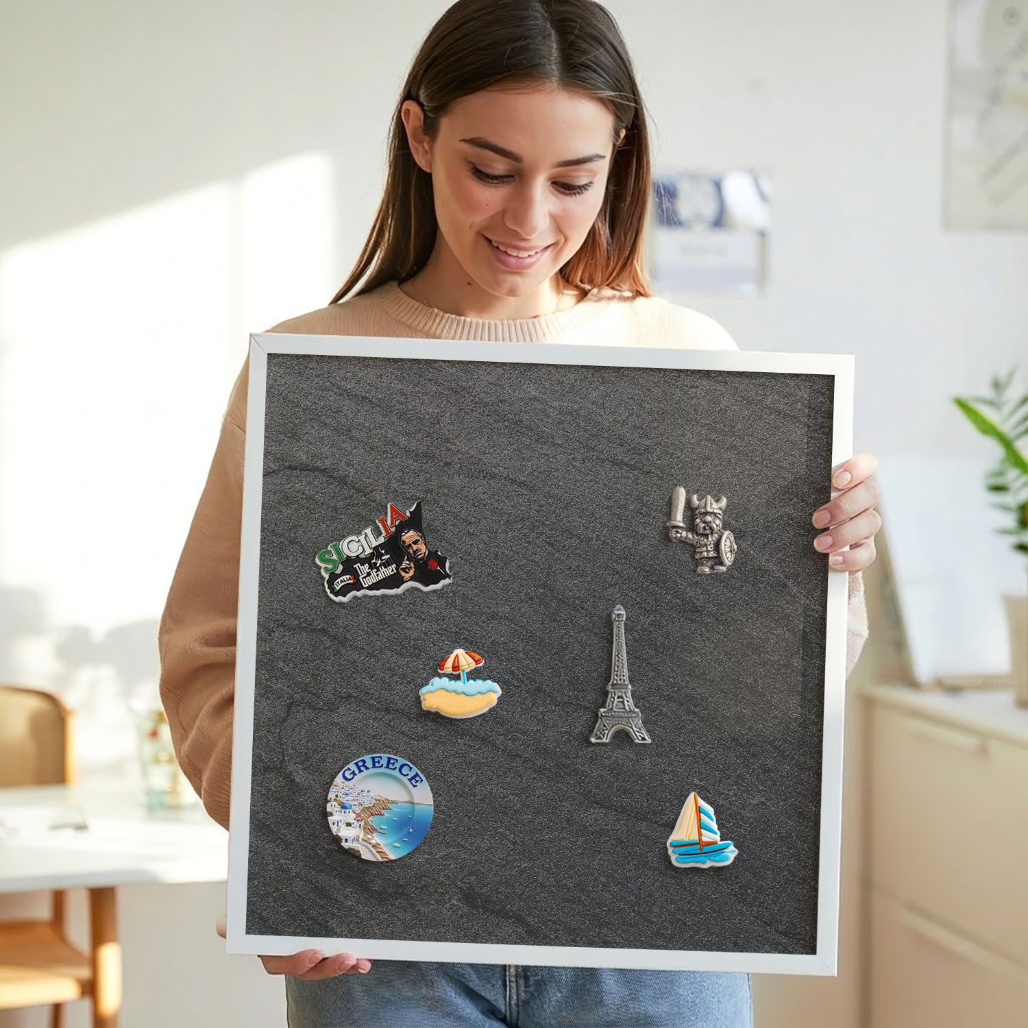 Tulup Magnettafel Stilvolle Magnettafel mit Rahmen für Magnete und Erinnerungen, Schwarze Textur, Schwarz