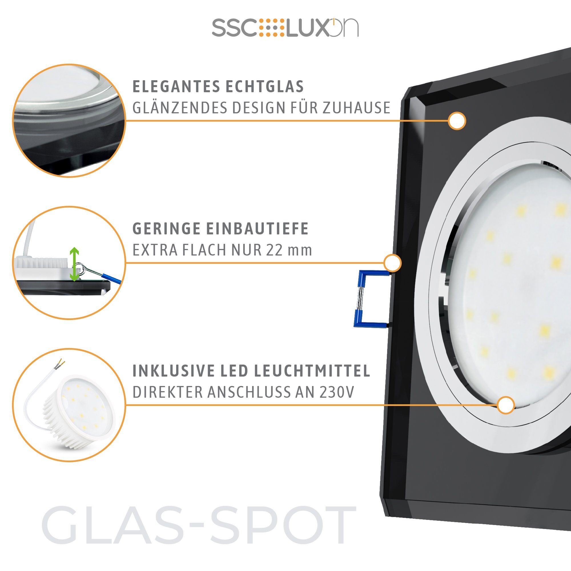 Einbauleuchte SSC-LUXon Warmweiß spiegelnd, LED Flache Glas Einbaustrahler schwarz aus Design quadratisch