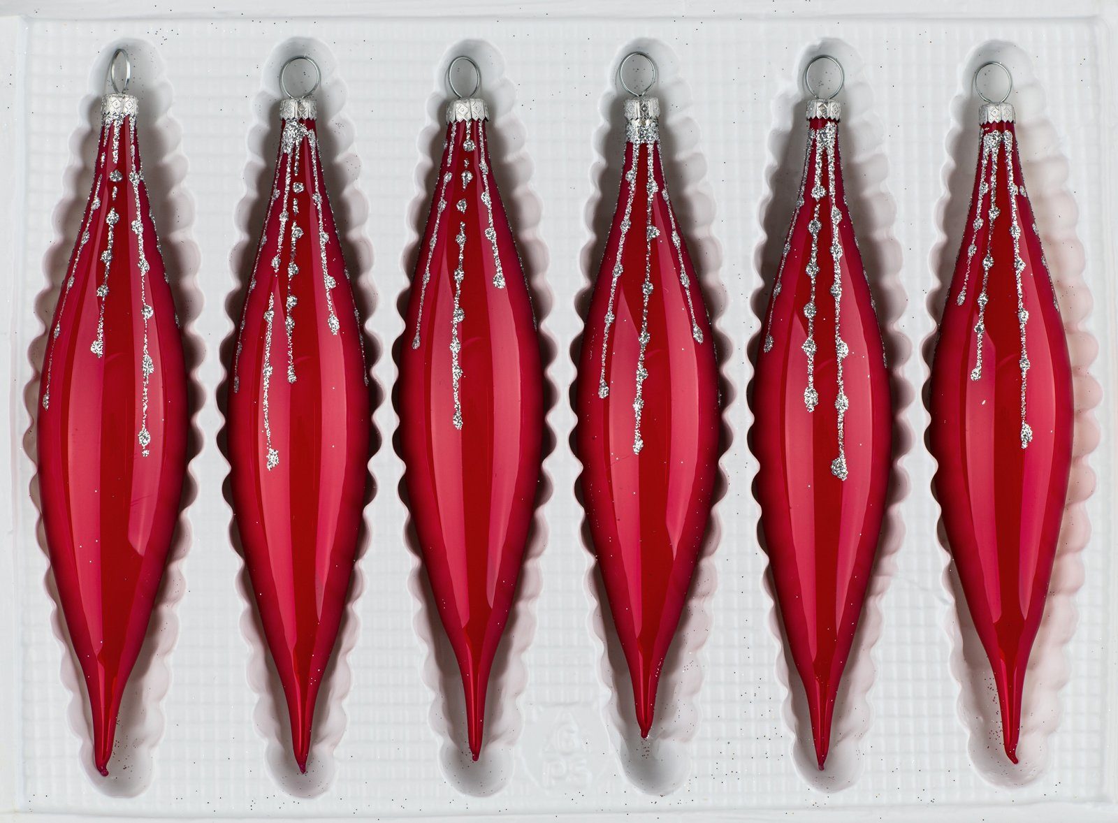Christbaumschmuck 6 tlg. Glas-Zapfen Set in Hochglanz Modern Rot Weisse Ornamente