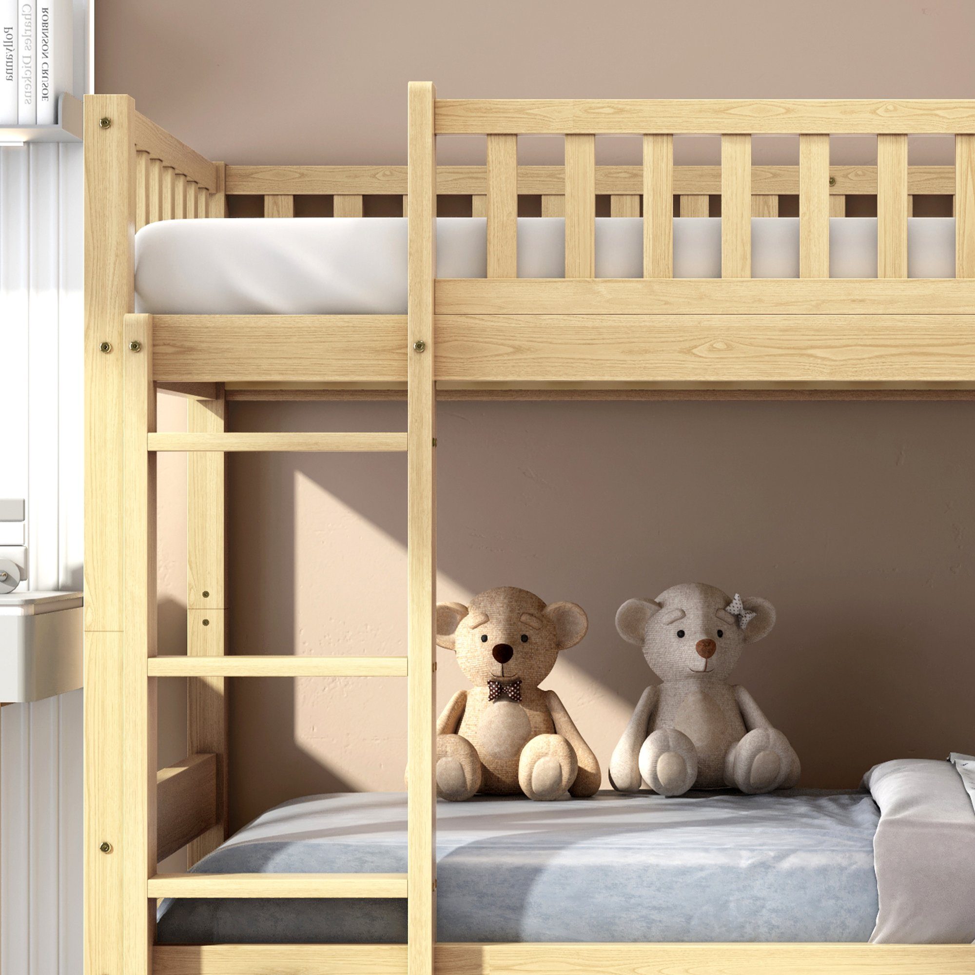 Etagenbett (Stockbett, Hochbett mit Lattenrost, Rausfallschutz, Leiter und MDF-Rädern), Kinderbett 90 x 200 cm, umbaubar in zwei Einzelbetten, Kiefer