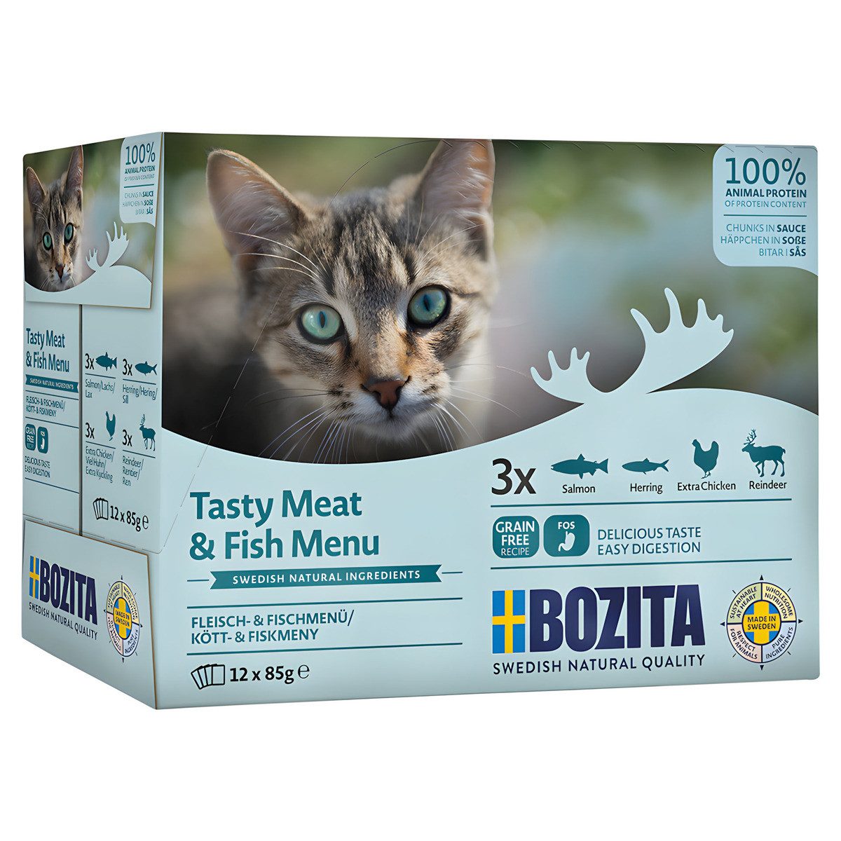 Bozita Fisch & Fleisch Häppchen in Sauce Multibox 12 x 85 g, Nassfutter für: Katze