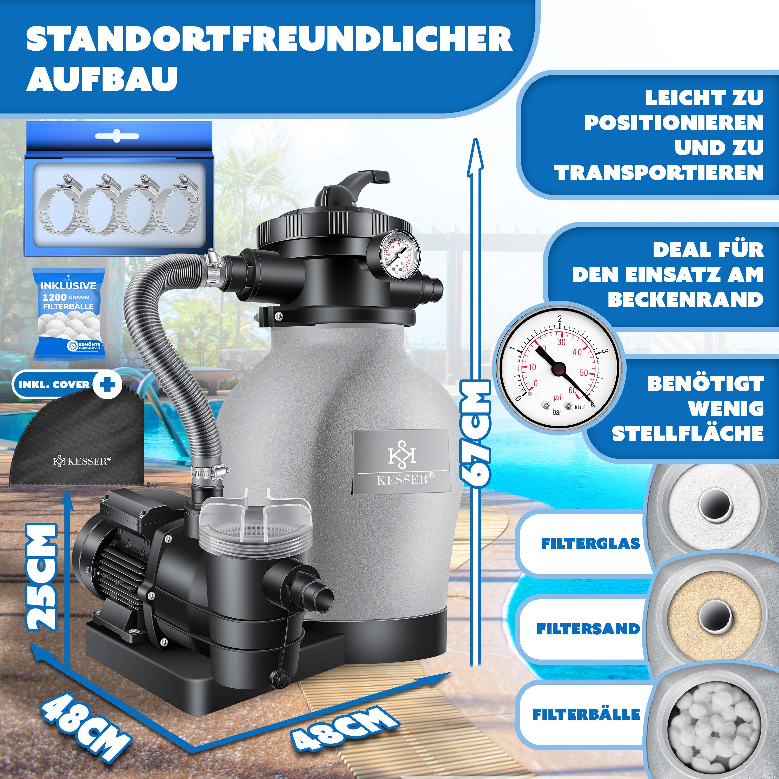 KESSER Sandfilteranlage 600W Sandfilter für Pools 13200L/h Durchfluss Poolf günstig online kaufen