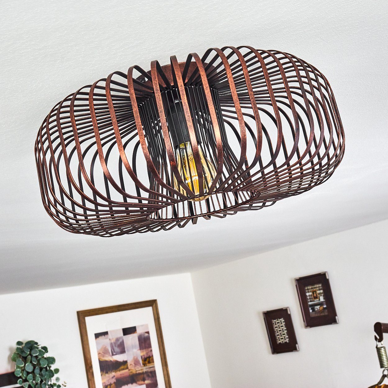 hofstein Deckenleuchte »Pieris« runde Deckenlampe aus Metall in Schwarz/Kupfer, ohne Leuchtmittel, E27, Retro-Leuchte mit Lichteffekt durch Gitter-Optik