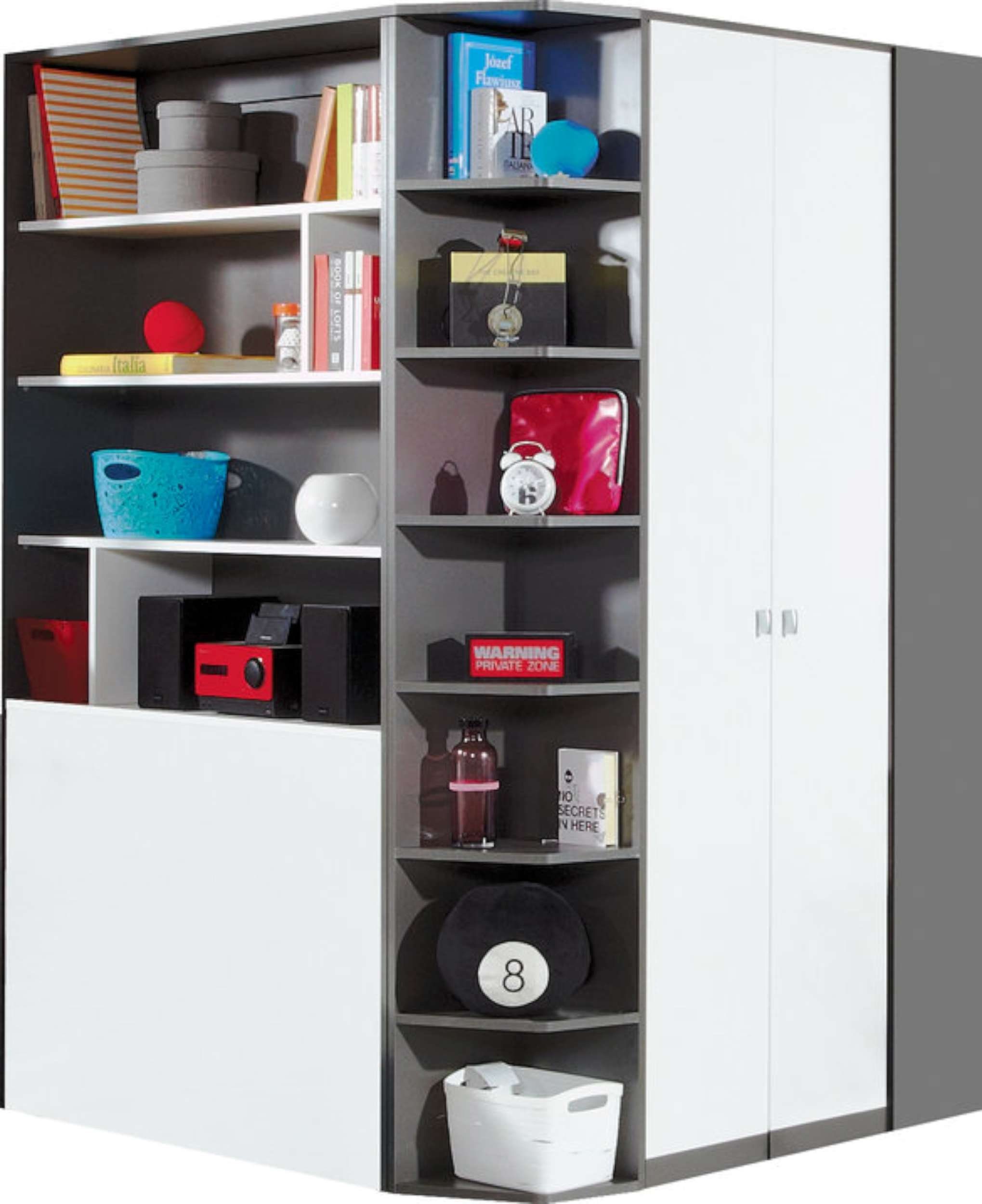 99rooms Kinderkleiderschrank Lator Graphit Weiß (Kinderschrank, Mehrzweckschrank) mit 18 Fächern und Schubladen, Spanplatte, viel Stauraum, FSC-Zertifizierung, Modern Design