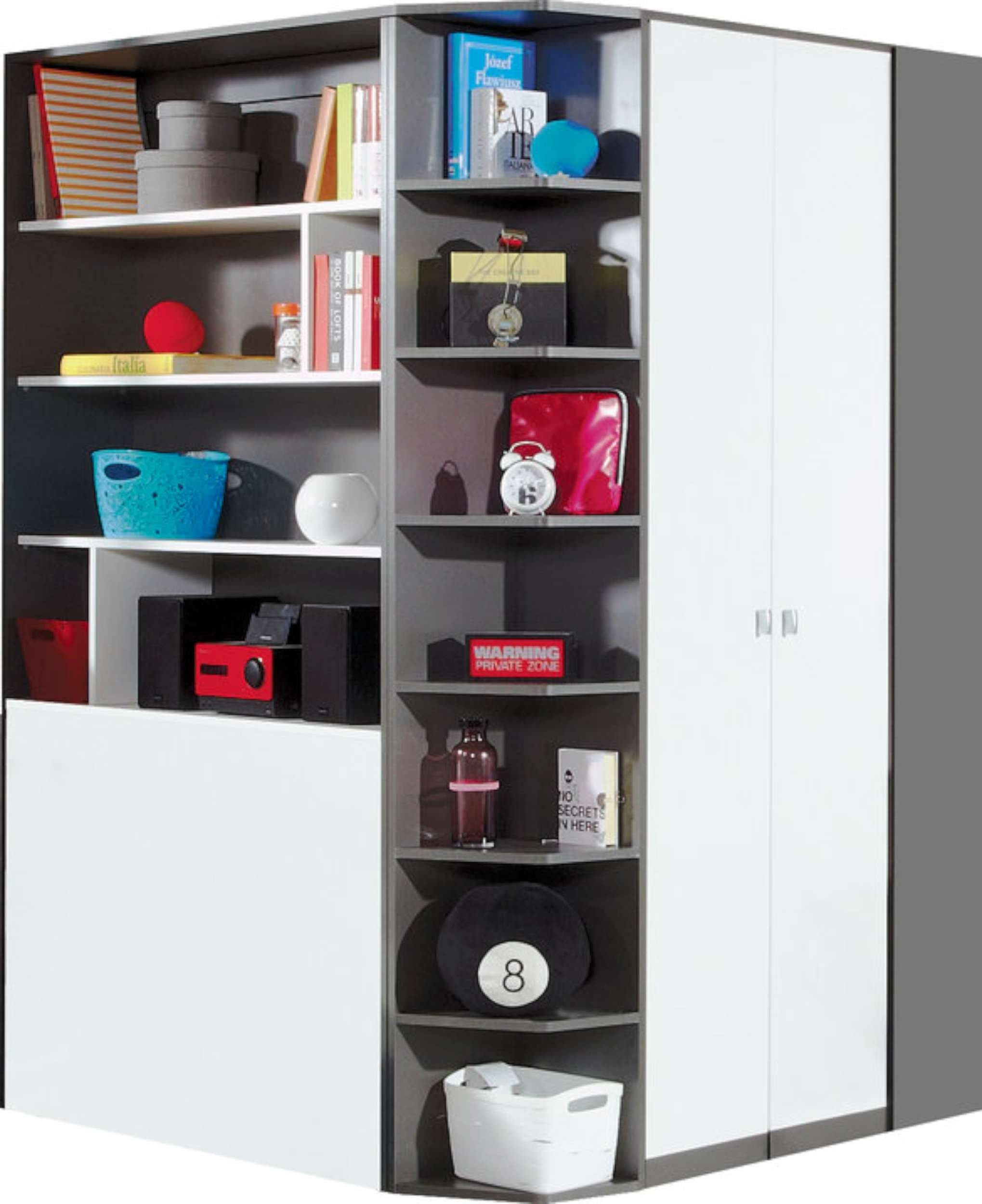 Graphit (Kinderschrank, Spanplatte, Lator Weiß Stauraum, mit 18 Design Kinderkleiderschrank FSC-Zertifizierung, Mehrzweckschrank) und Schubladen, Modern Stylefy Fächern viel