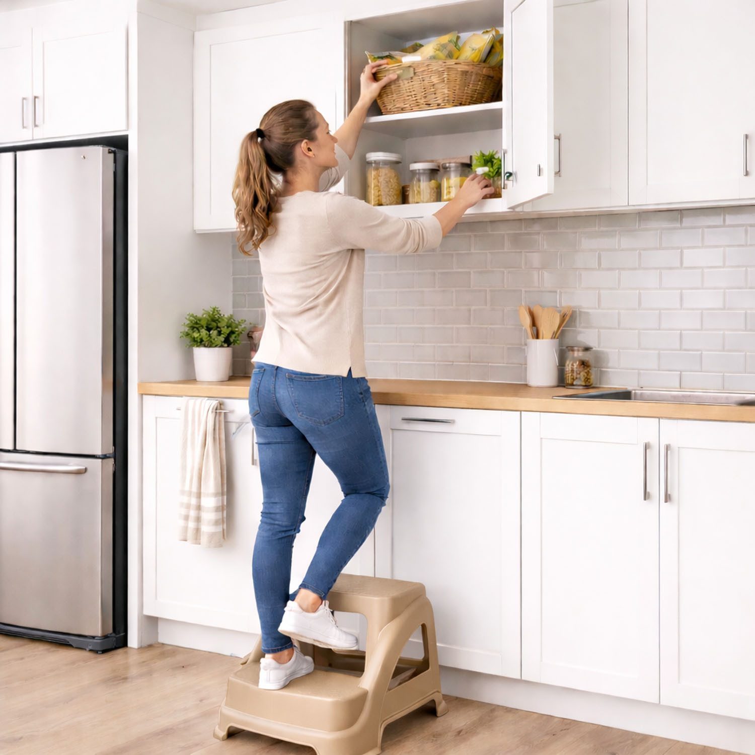 Mojawo Fußhocker 2stufiger Tritthocker Trittstufe Hocker Kunststoff Beige rutschfest