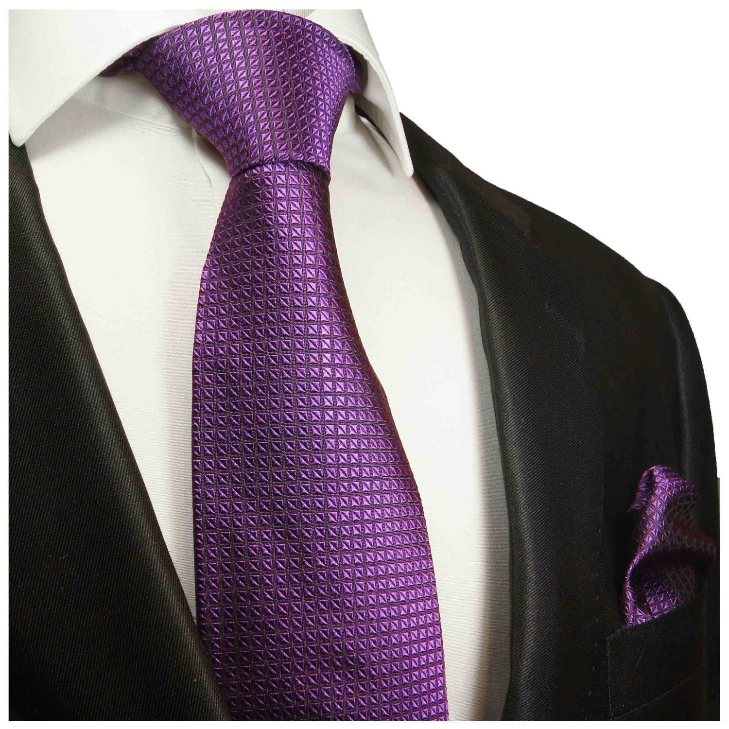 Paul Malone Krawatte Herren Seidenkrawatte mit Tuch modern uni Waffelmuster 100% Seide (Set, 2-St., Krawatte mit Einstecktuch) Schmal (6cm), lila violett 2022