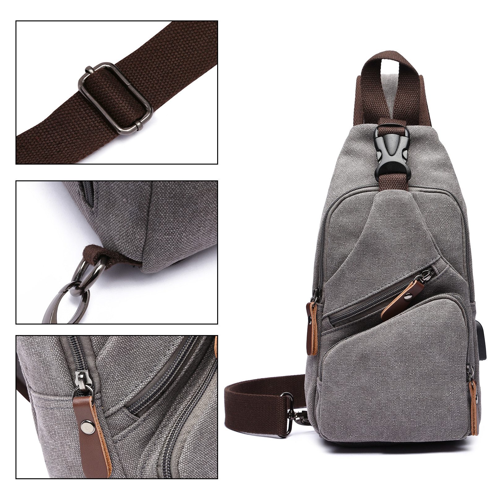 TAN.TOMI Umhängetasche Brusttasche Herren, Schultertasche Herren und Damen mit USB-Aufladung, Brusttasche, Canvas Brusttasche mit Verstellbaren Schultergurten