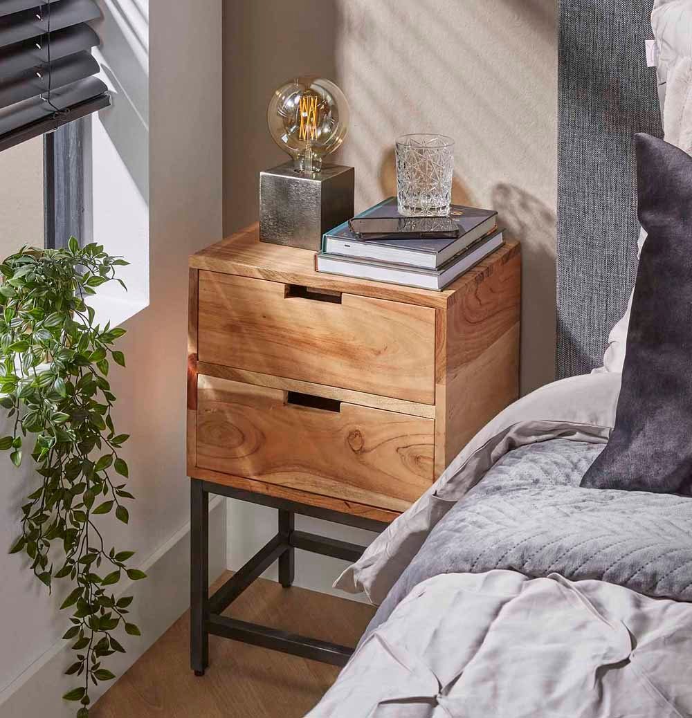 LEVEN Lifestyle Nachtschrank Nachttisch HOME aus Akazie mit 2 Schubladen 40 x 40 x H 60 cm
