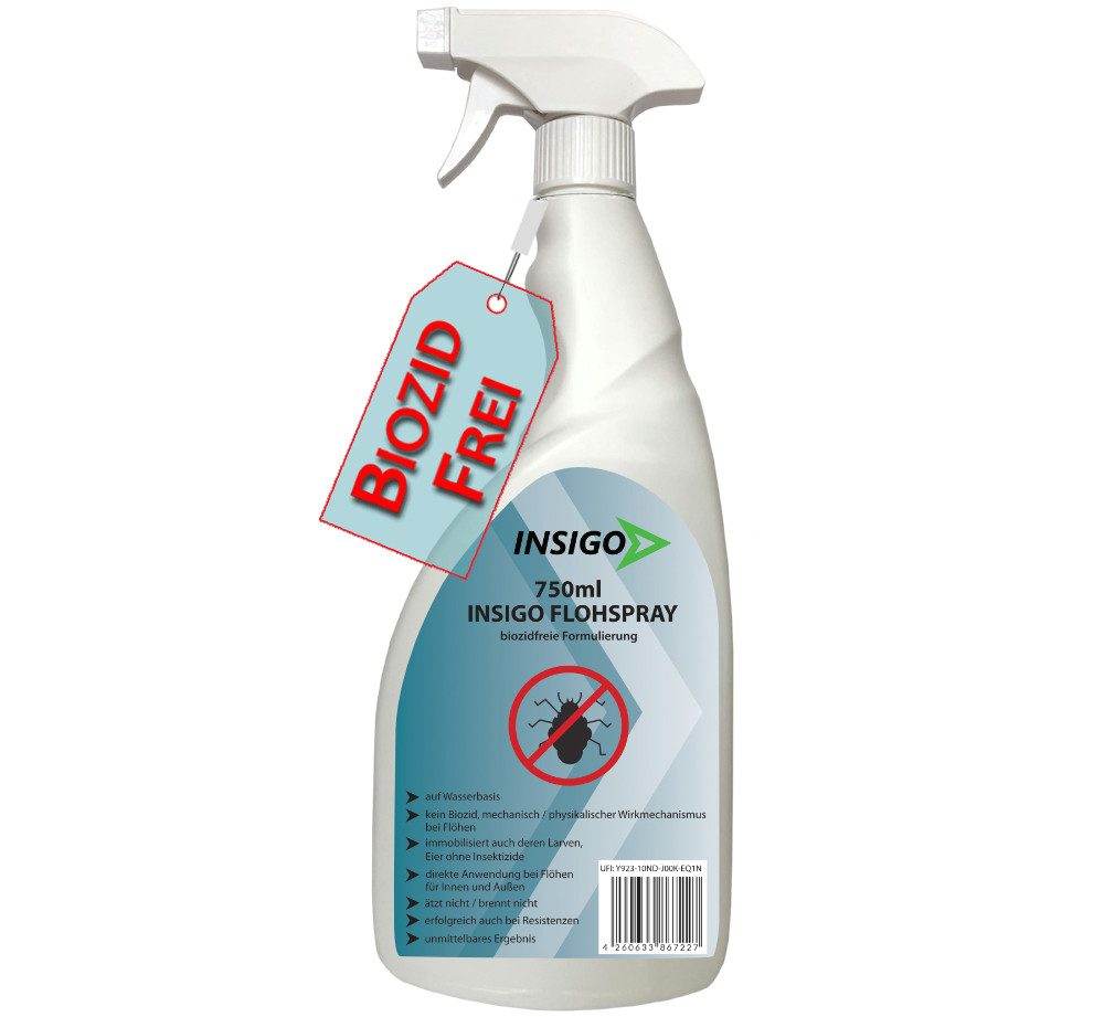 INSIGO Insektenspray Anti Floh-Spray Floh-Mittel Ungezieferspray, 0.75 l, biozidfreie Formel, auf Wasserbasis, geruchsarm, brennt / ätzt nicht