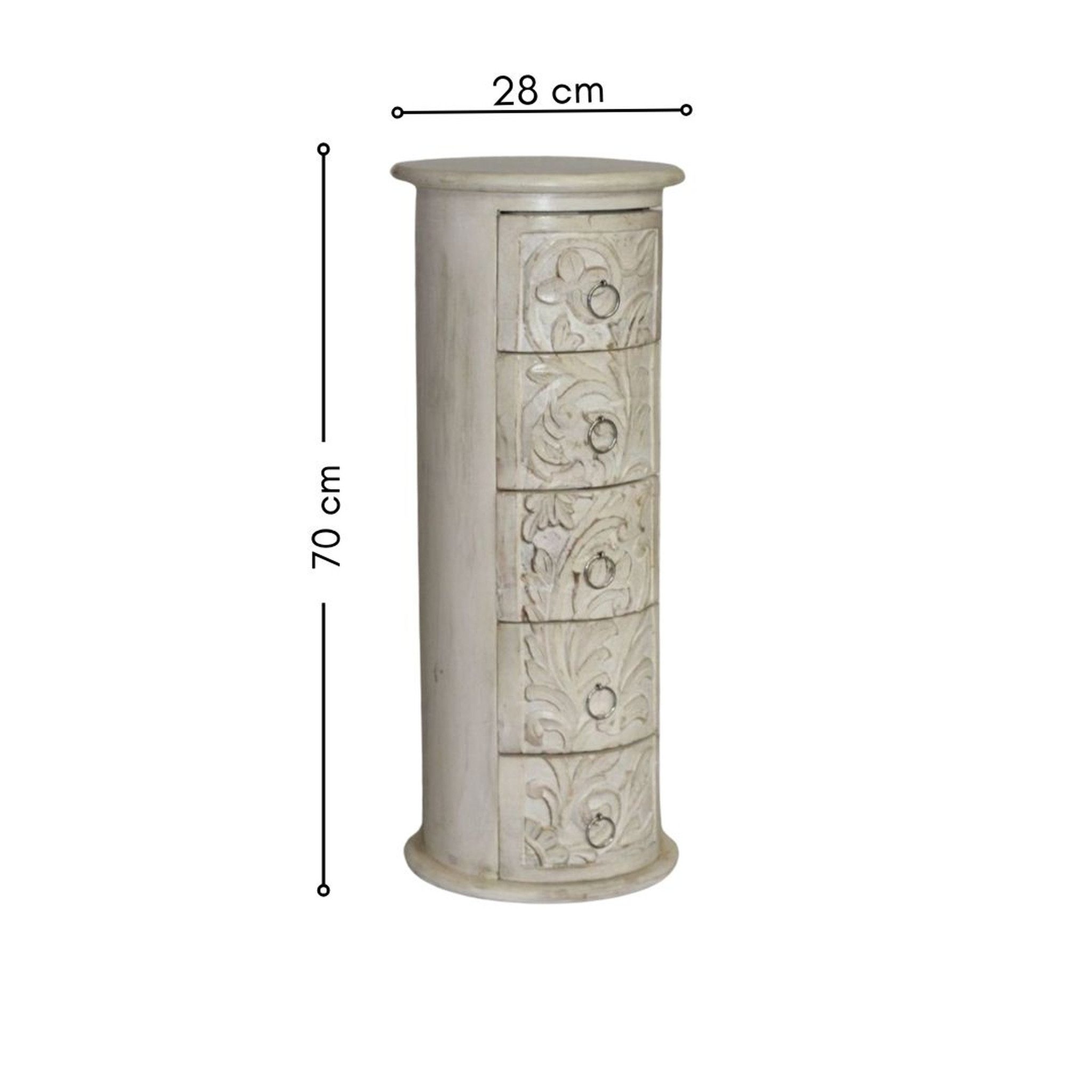 Wohnando Kommode Großer runder Aufbewahrungsschrank "Silas", 6 Schubladen, 28x28x70 cm, weiß, antik, handgeschnitzte Ornamente