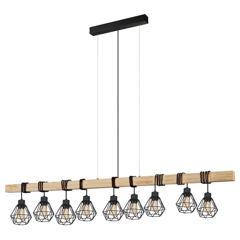 EGLO Hängeleuchte TOWNSHEND 5, Hängelampe, Stahl und Holz, E27, IP20, Pendellampe, Lampe, ohne Leuchtmittel, Pendelleuchte, L15 x B20 x 110 cm, schwarz, braun, 9x60W exkl.