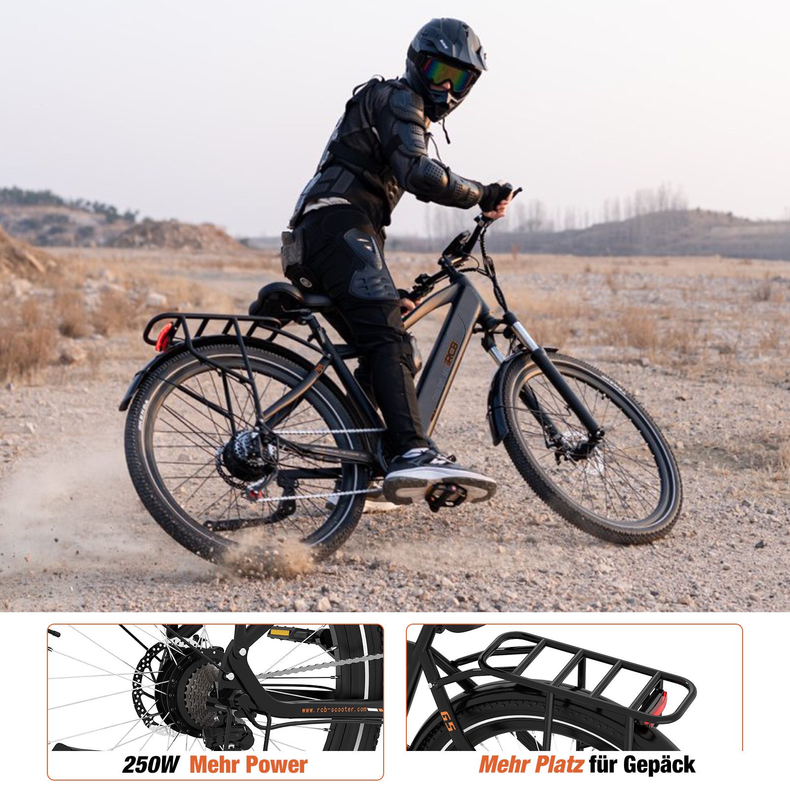 RCB E-Bike Pedelec G5 für Stadt und Gelände,27,5Zoll Herren Elektrofahrrad,13Ah,60-100 km, 7 Gang, Kettenschaltung, Heckmotor, 468 Wh, APP, ebike Herren, Gepäckträger hinten