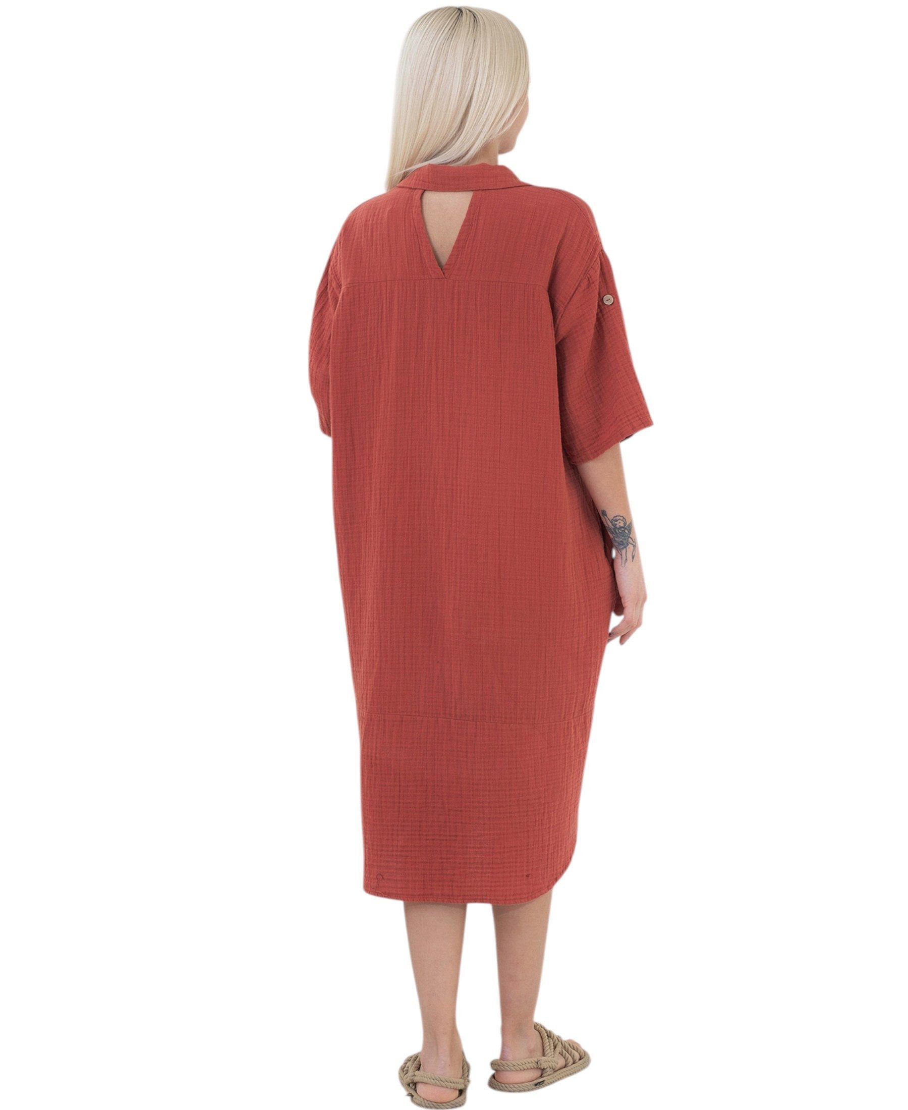 WENOR Blusenkleid Musselin Damen Tunika Kleid Baumwolle Oversize Sommerkleid Locker geschnitten mit Hemdkragen, Knopfleiste und Seitentaschen