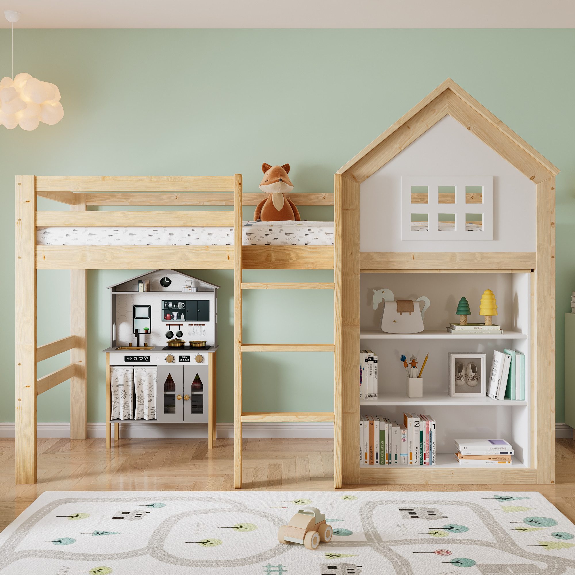 Flieks Hochbett Kinderbett 90x200cm Haus-Design mit Staufächern und Schubladen