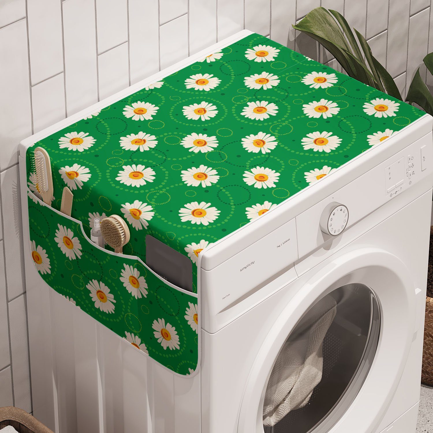 Abakuhaus Badorganizer Anti-Rutsch-Stoffabdeckung für Waschmaschine und Trockner, Blumen Kamillen und Kreise Kunst