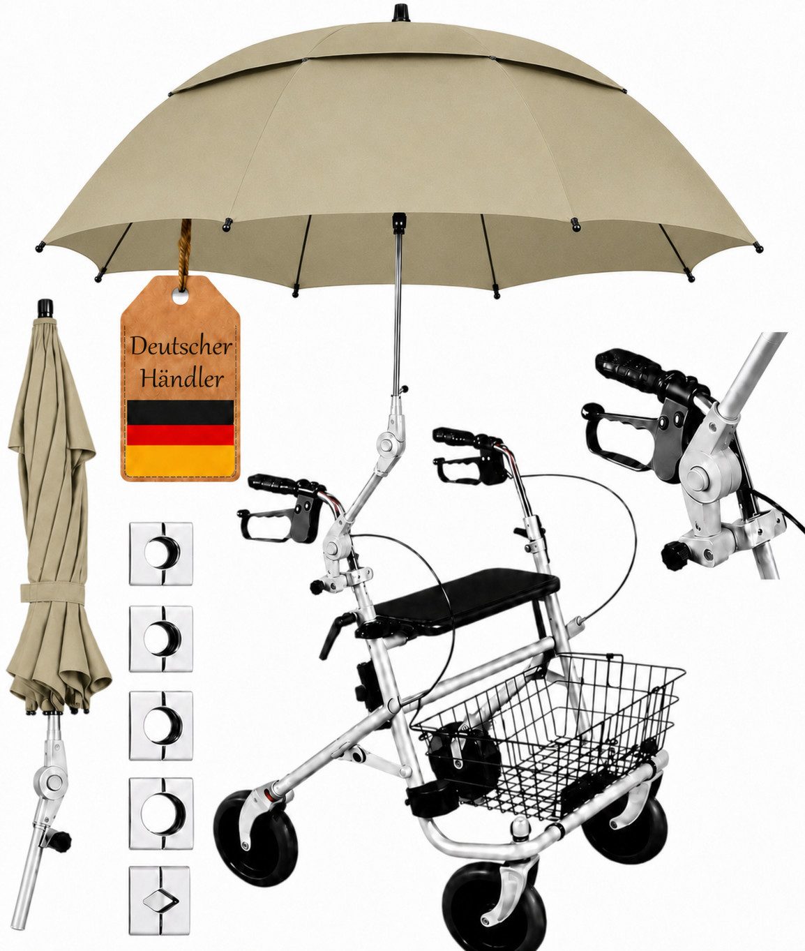 FabaCare Rollator Regenschirm mit Halterung für Rollatoren, Schirm für Gehwagen