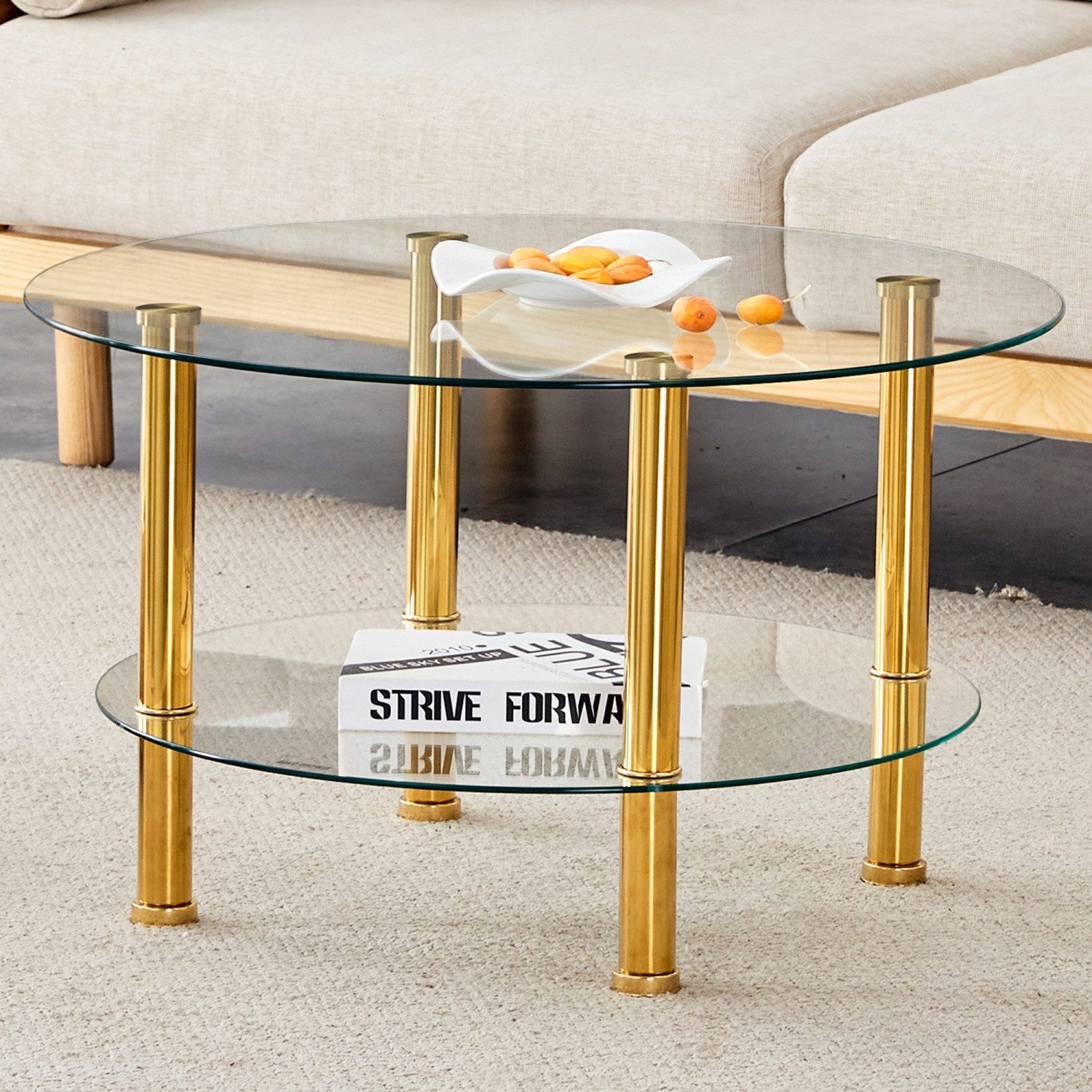 ANYSUN Couchtisch Couchtisch Glas, Glastisch runder (Wohnzimmertisch mit 2 Ablagen), Sofatisch, Kaffeetisch, Beistelltisch für Wohnzimmer