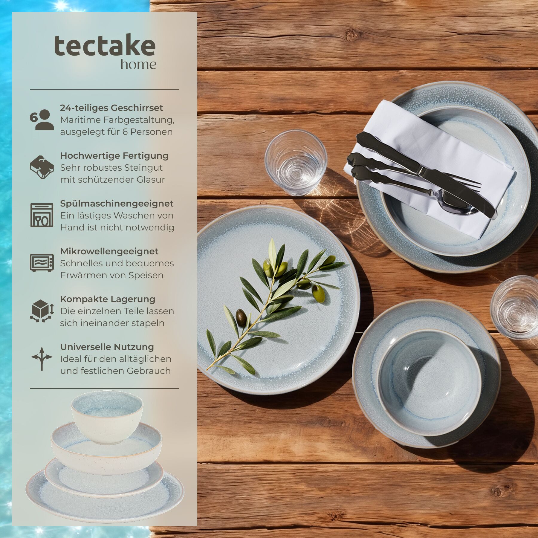 tectake Geschirr-Set Tafelservice aus Steingut für 6 Personen, ineinander stapelbar (24-tlg), 6 Personen, Steingut, handgefertigt, mit Glasur, spülmaschinen- un – Bild 2 von 5