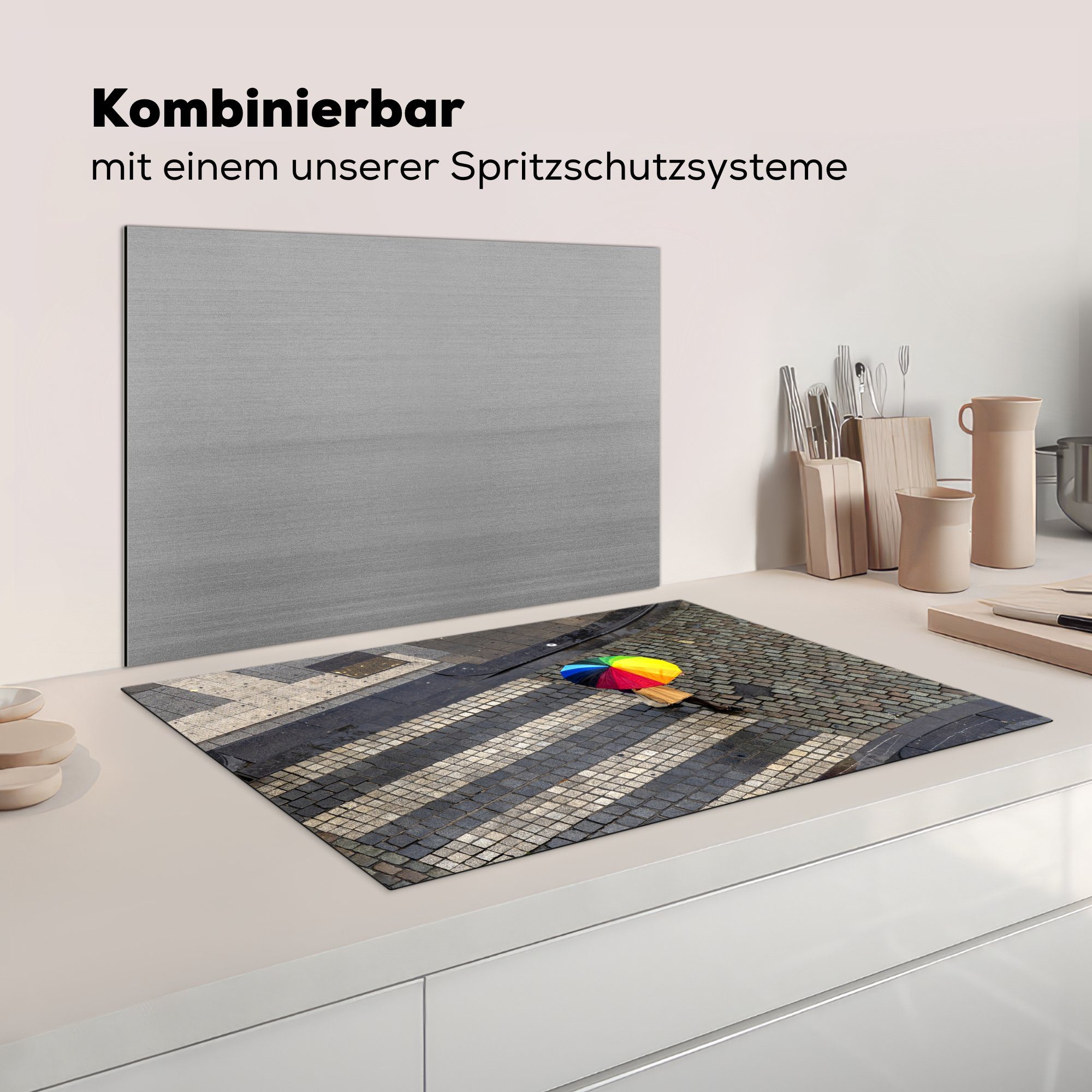 Regenschirm Herdblende-/Abdeckplatte für cm, Straße, gepflasterten Vinyl, Schutz die Ceranfeldabdeckung MuchoWow auf Induktionskochfeld küche, tlg), (1 81x52 einer Farbenprächtiger