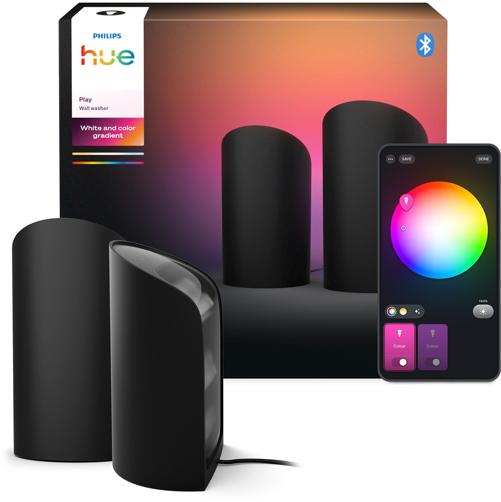 Philips Hue Smarte LED-Leuchte Play Gradient Wallwasher Doppelpack schwarz, Abschaltautomatik, Bluetooth, CCT - über Fernbedienung, Dimmfunktion, Farbsteuerung, Farbwechsel, Leuchtdauer einstellbar, Memoryfunktion, Nachtlichtfunktion, RGB, Smart Home, Timerfunktion, dimmbar über Fernbedienung, erweiterbar, mehrere Helligkeitsstufen, LED wechselbar, RGB, inkl. Netzteil