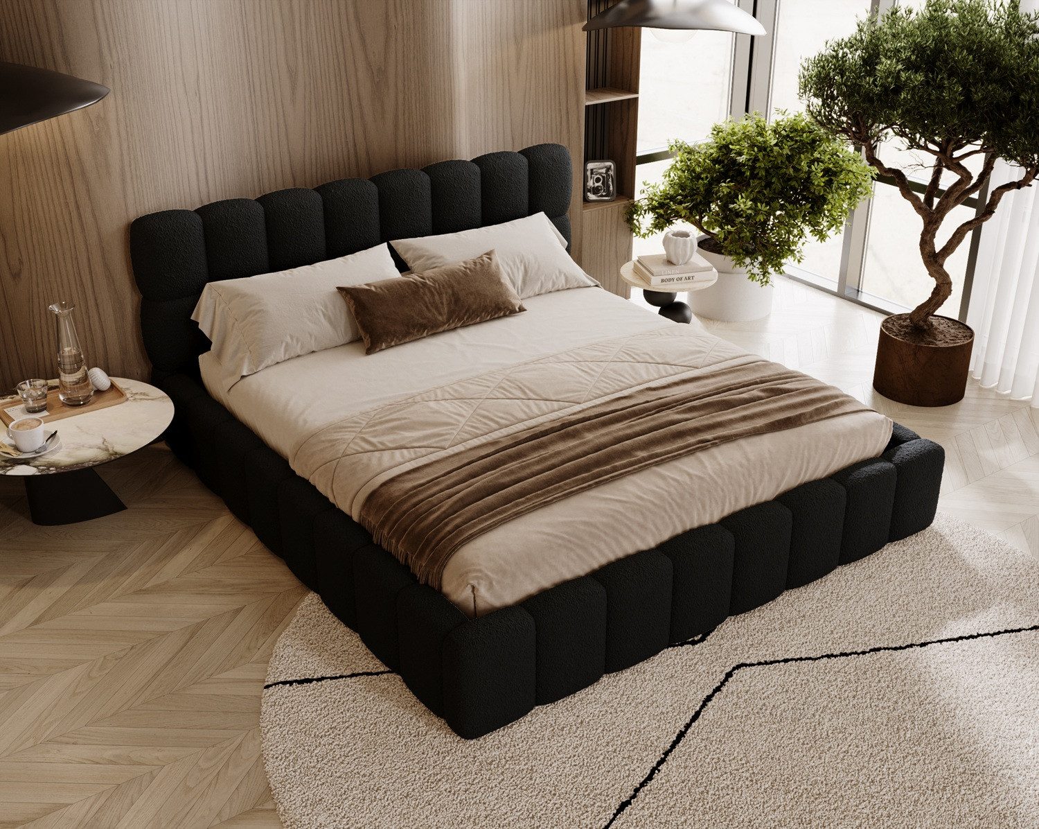 Labett Polsterbett ALMA Bubble Bouclé-Stoff 120x200 140x200 160x200 180x200 200x200cm (Kopfteil im Oversize-Look und Stauraum), hochwertiger Bouclé-Stoff in Creme, Beige, Braun und Schwarz
