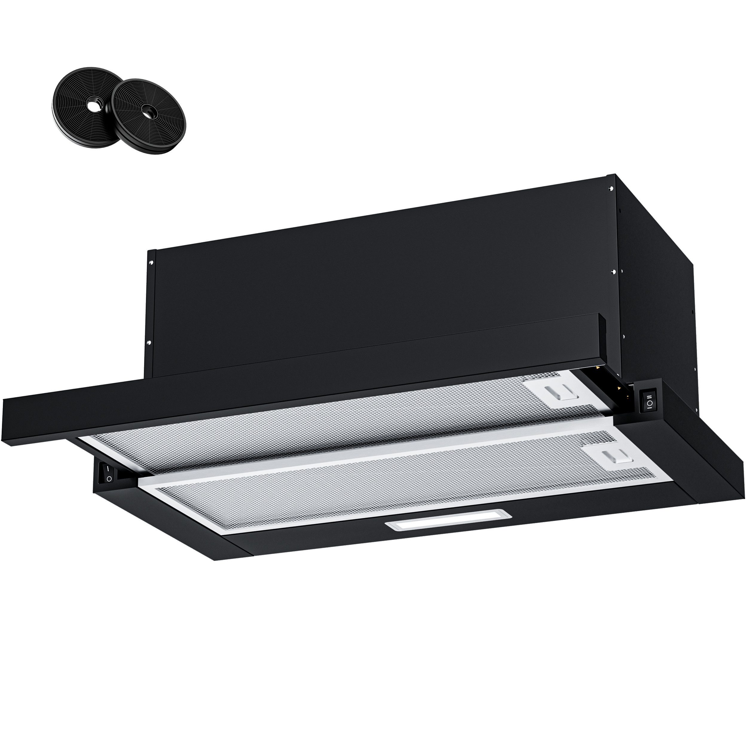 Levivo Flachschirmhaube A+++ Dunstabzugshaube 60cm Umluft & Abluft mit 400 m³/h Aktivkohlefiltern, Fettfiltern, LED-Beleuchtung