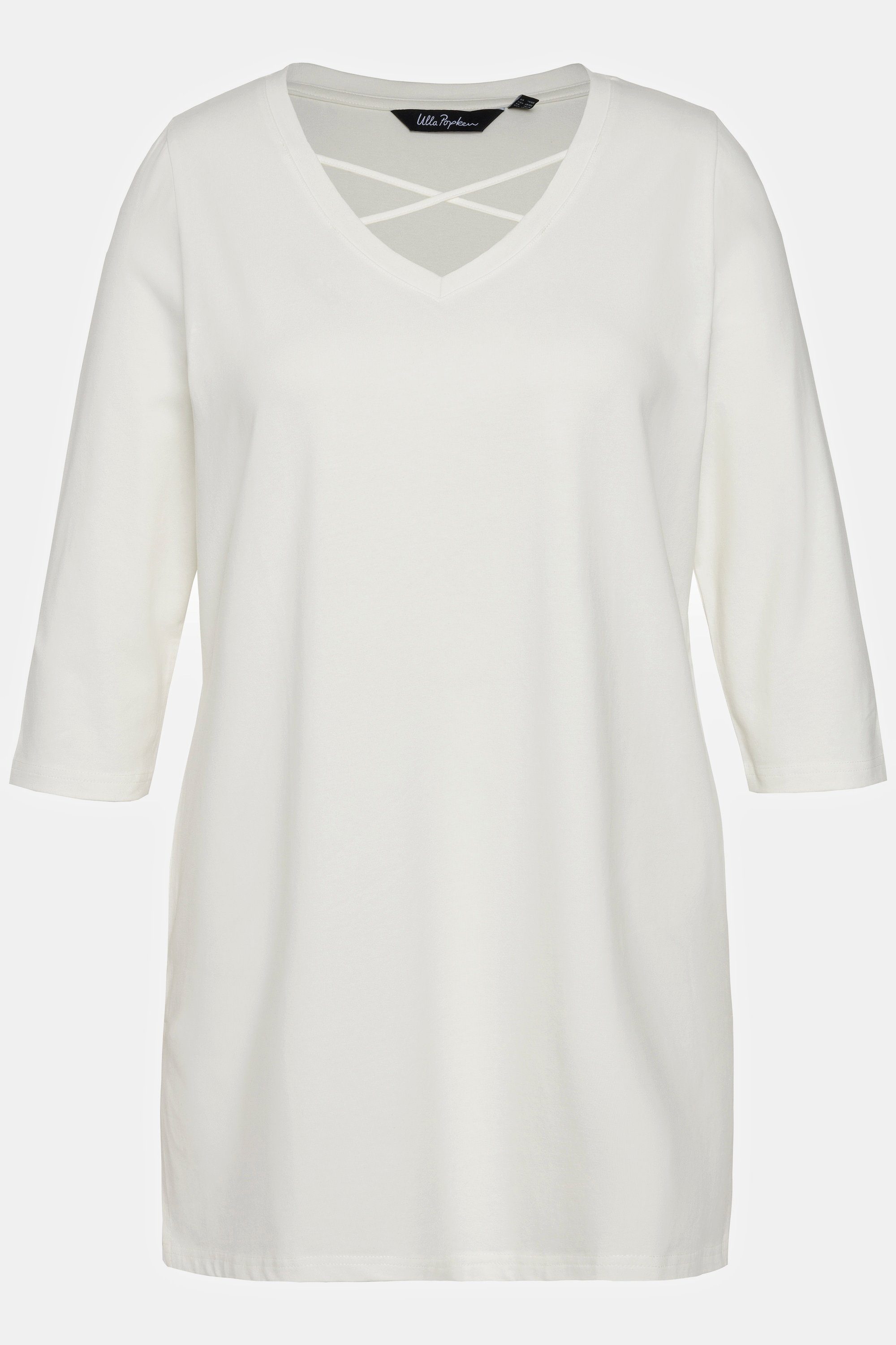 Ulla Popken Rundhalsshirt Shirt Zierbänder Classic V-Ausschnitt 3/4-Arm offwhite