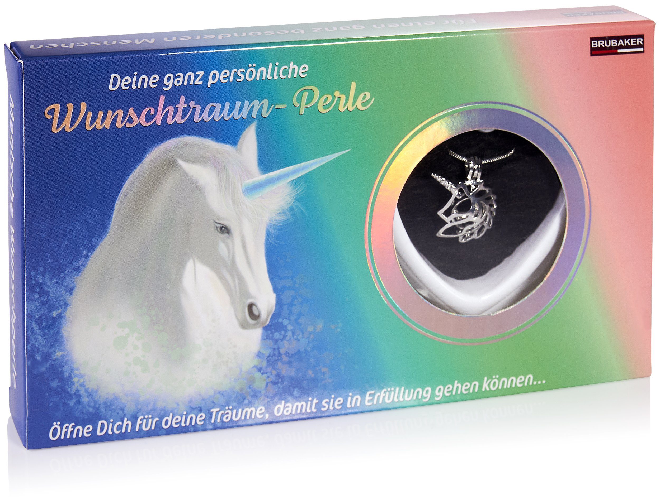BRUBAKER Perlenketten-Set Wunschperle für die Erfüllung von Wünschen (4-tlg., Geschenkset mit Silberkette und Muschel), Halskette Wunschtraumperle mit Einhorn Anhänger und echter Perle