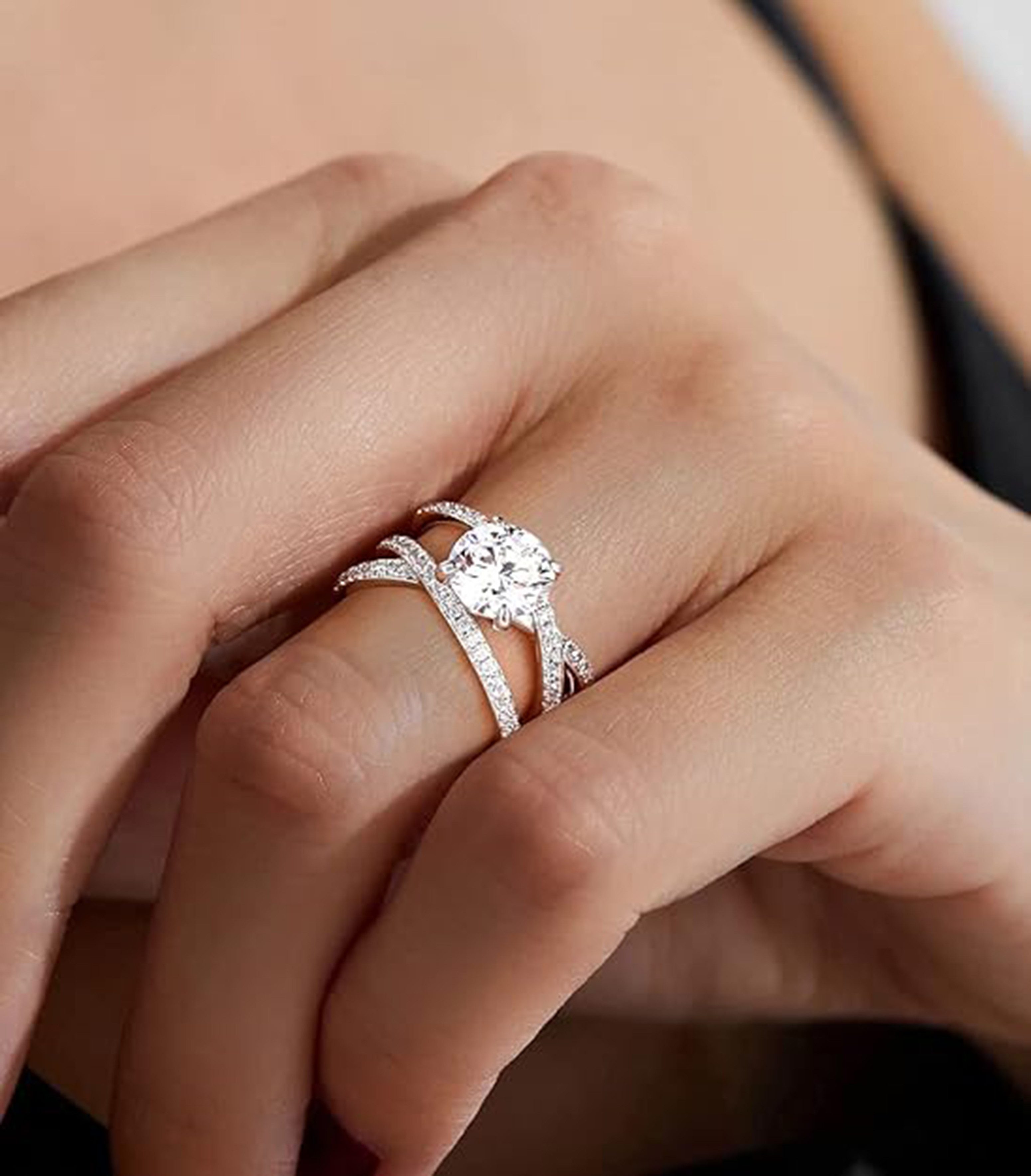 Jumpeak Verlobungsring 585Gold, 2ct rundgeschliffener Diamant Laborzucht, Cross Promise Ring, D,vvs1,3EX,IGI-Zertifikat,Anträge, Geburtstage, Jubiläumsgeschenke