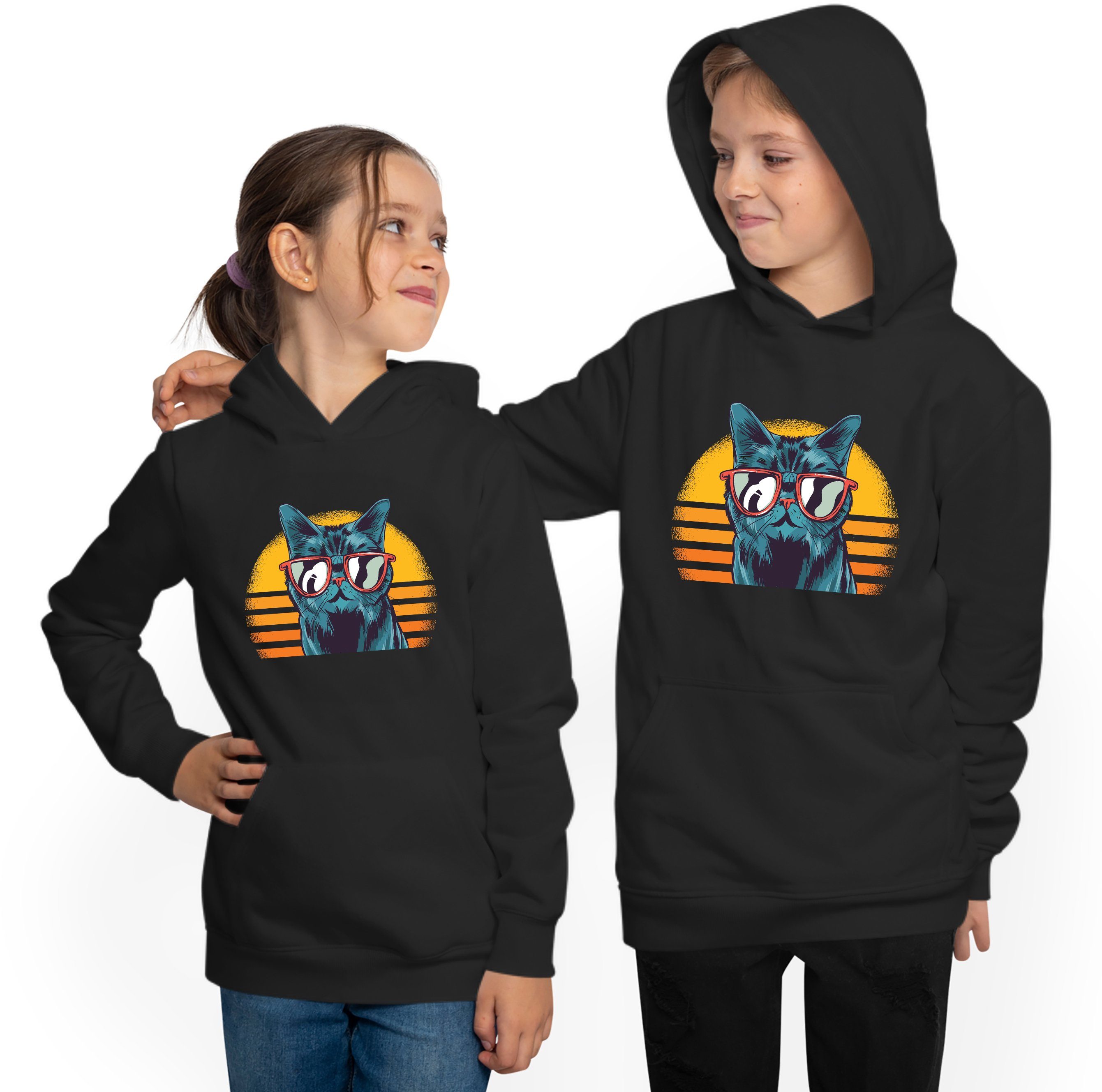 Kapuzen Sweatshirt Kinder Aufdruck, mit Hoodie - MyDesign24 Retro Katze Sonnenbrille Kapuzensweater i102 coole mit