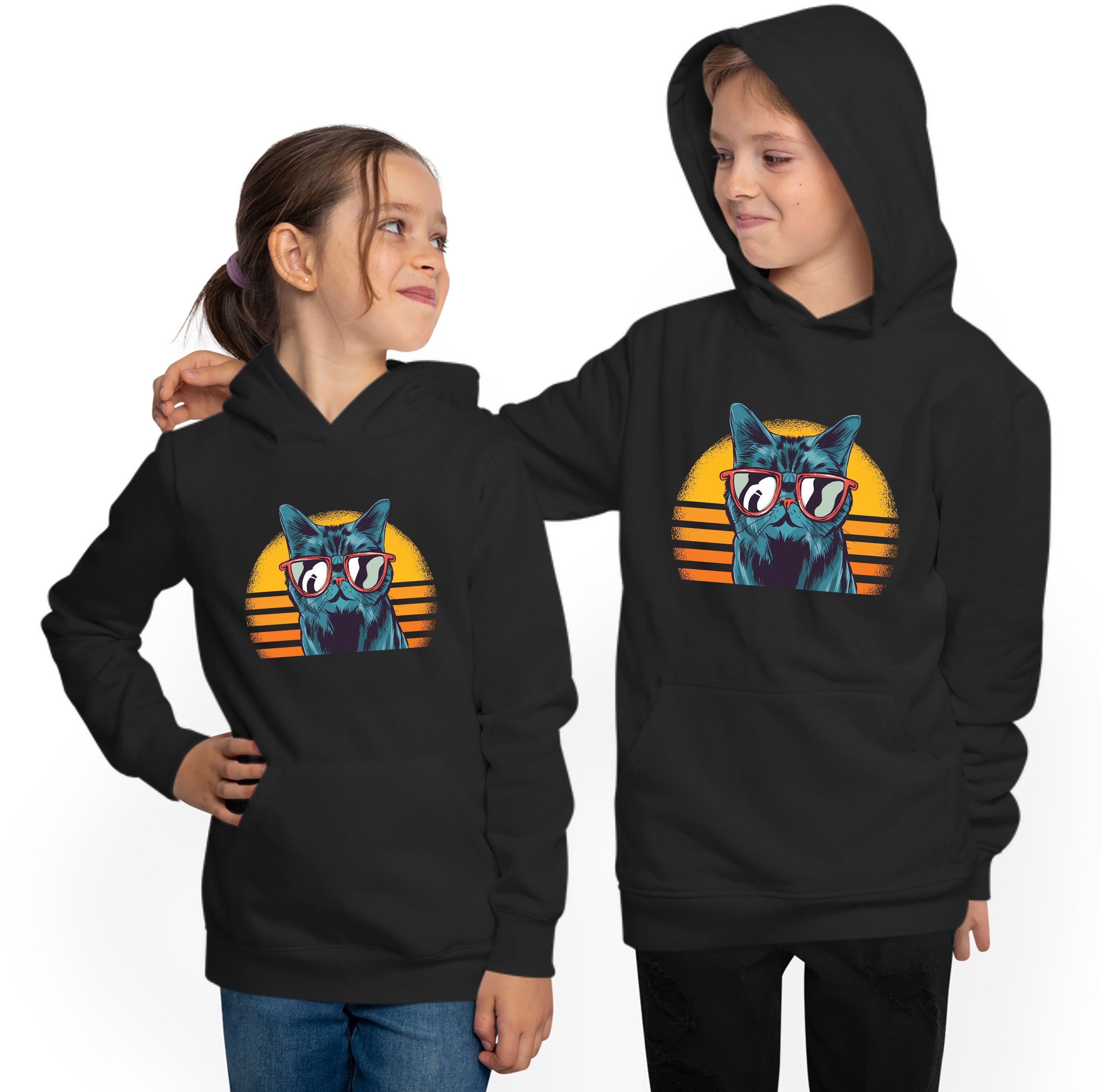 Kapuzen Sonnenbrille coole mit - MyDesign24 Katze mit Hoodie Kinder Aufdruck, Sweatshirt i102 Kapuzensweater Retro