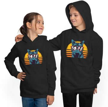 MyDesign24 Hoodie Kinder Kapuzen Sweatshirt - coole Retro Katze mit Sonnenbrille Kapuzensweater mit Aufdruck, i102