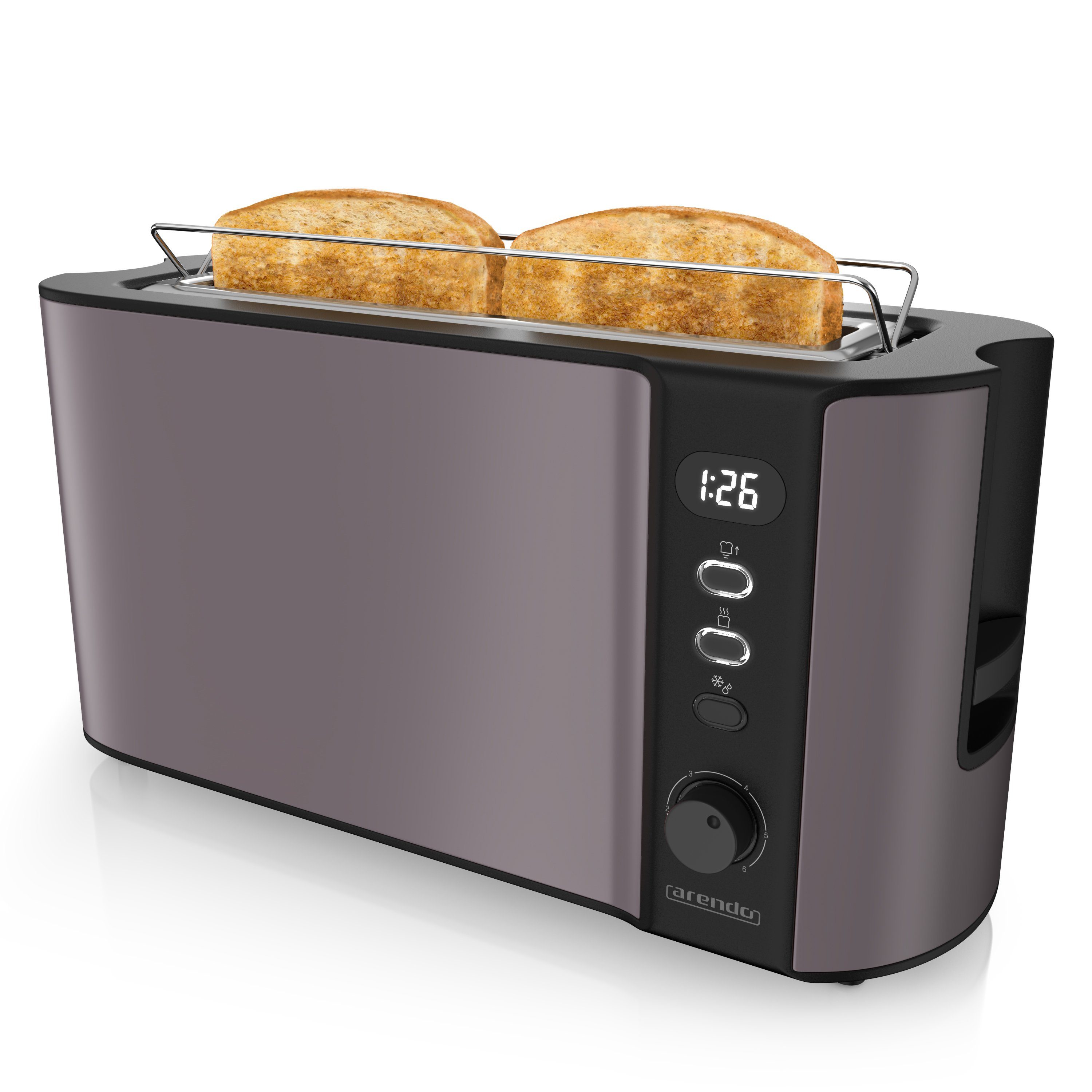 Arendo Toaster, 1 langer Schlitz, für 2 Scheiben, 1000 W, Langschlitz, Brötchenaufsatz, Wärmeisolierendes Gehäuse, Display grau/silber