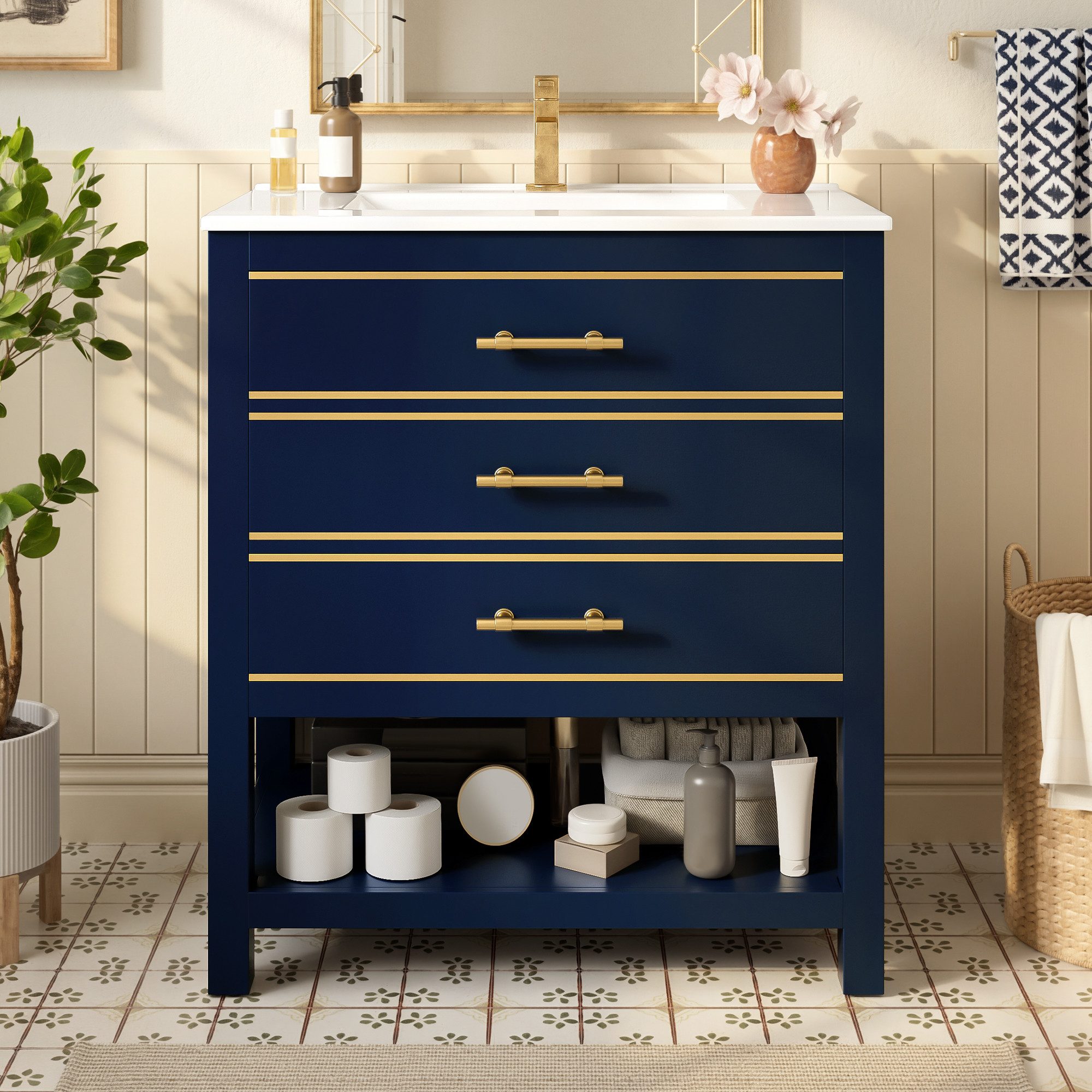 Flieks Waschtisch Waschbeckenunterschrank mit Waschbecken (bodenstehend, Badschrank Volllackierung, 1-St., 76x46,5x86 cm), Badmöbel mit 2 Schubladen & offenem Fach Badzimmerschrank Blau