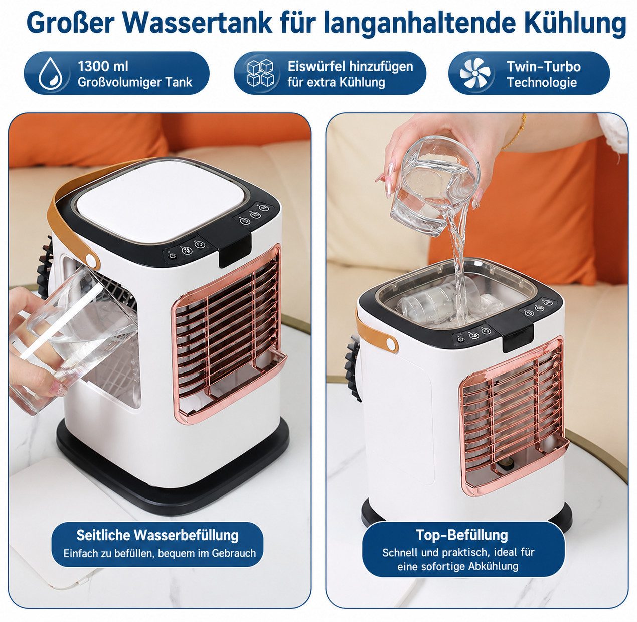 MOPUEA Ventilatorkombigerät Tragbarer Luftkühler 6 Stufen 7 Farben LED 120° Oszillation, Timerfunktion 1300ml Tank Fernbedienung USB Für Büro Schlafzimmer