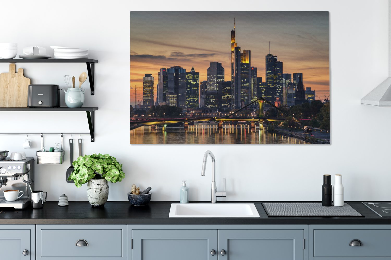 OneMillionCanvasses® Leinwandbild Frankfurter Skyline großes, für cm bei Gemälde, Sonnenuntergang vom Main aus, Deutschland, XXL, alle 120x80 Wandbild Wohnbereiche, St), (1
