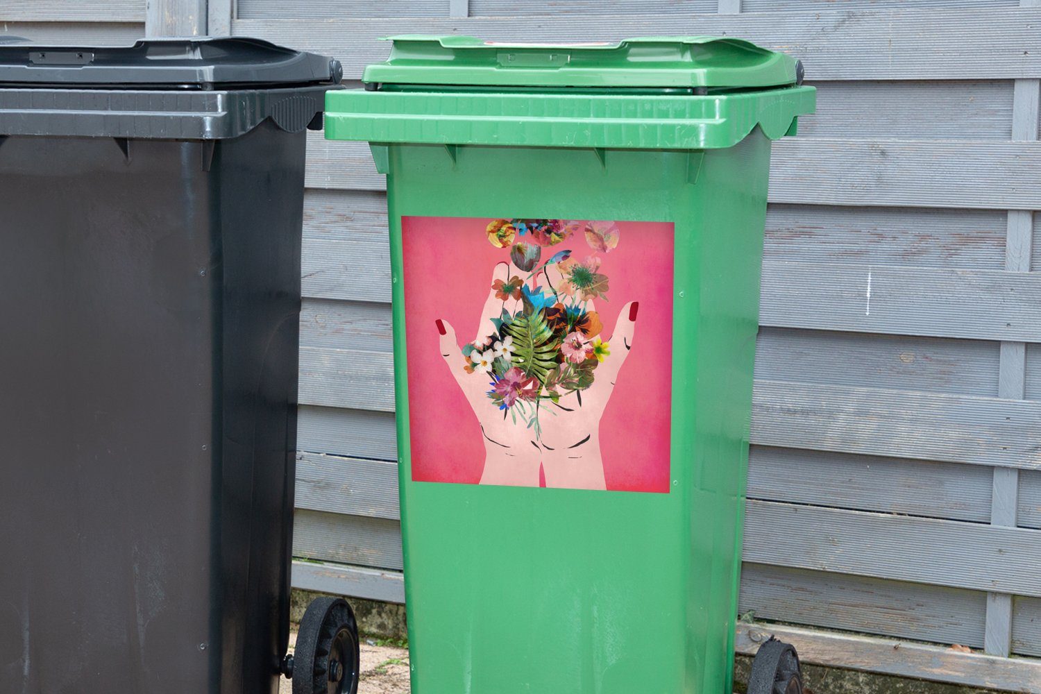 (1 - Container, Wandsticker Blumen Mülleimer-aufkleber, Abfalbehälter Mülltonne, Sticker, MuchoWow Rosa - Abstrakt Kunst St), -