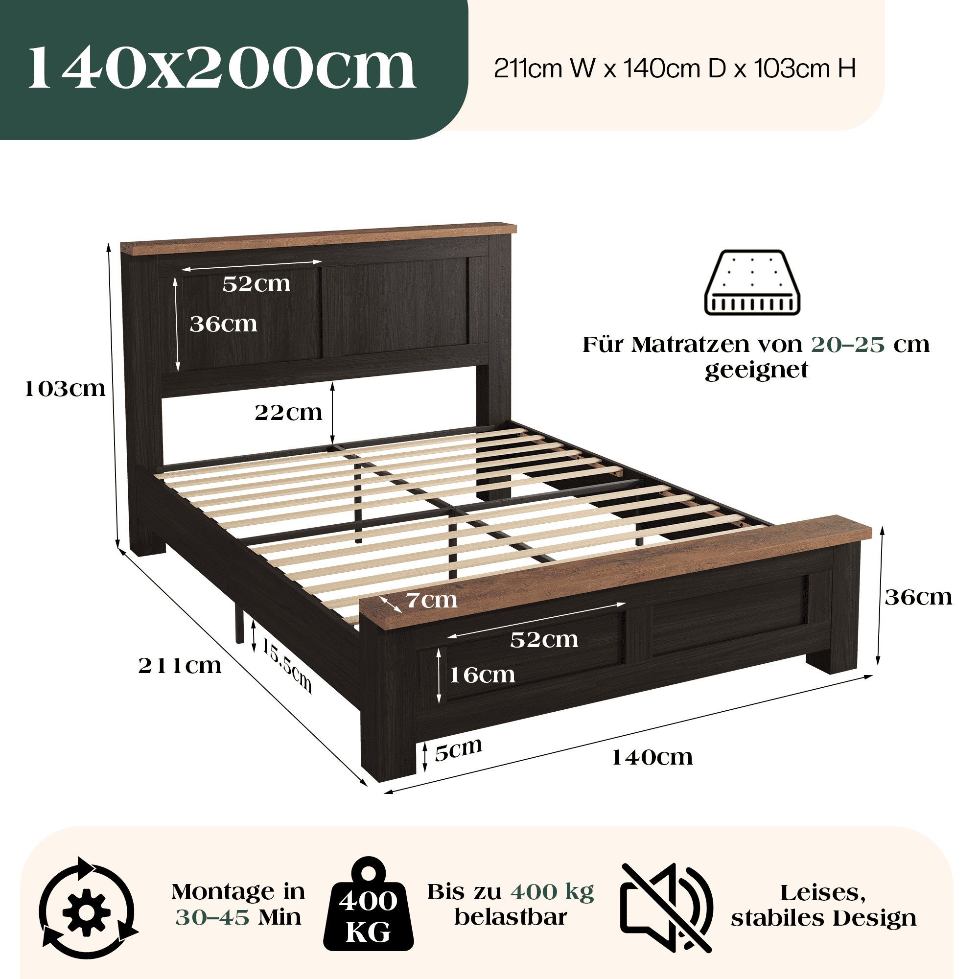 AMERLIFE Holzbett Paneelkopfteil, Lattenrost (1-tlg), Geräuschfrei, 140x200cm, Schwarz – Bild 2 von 5