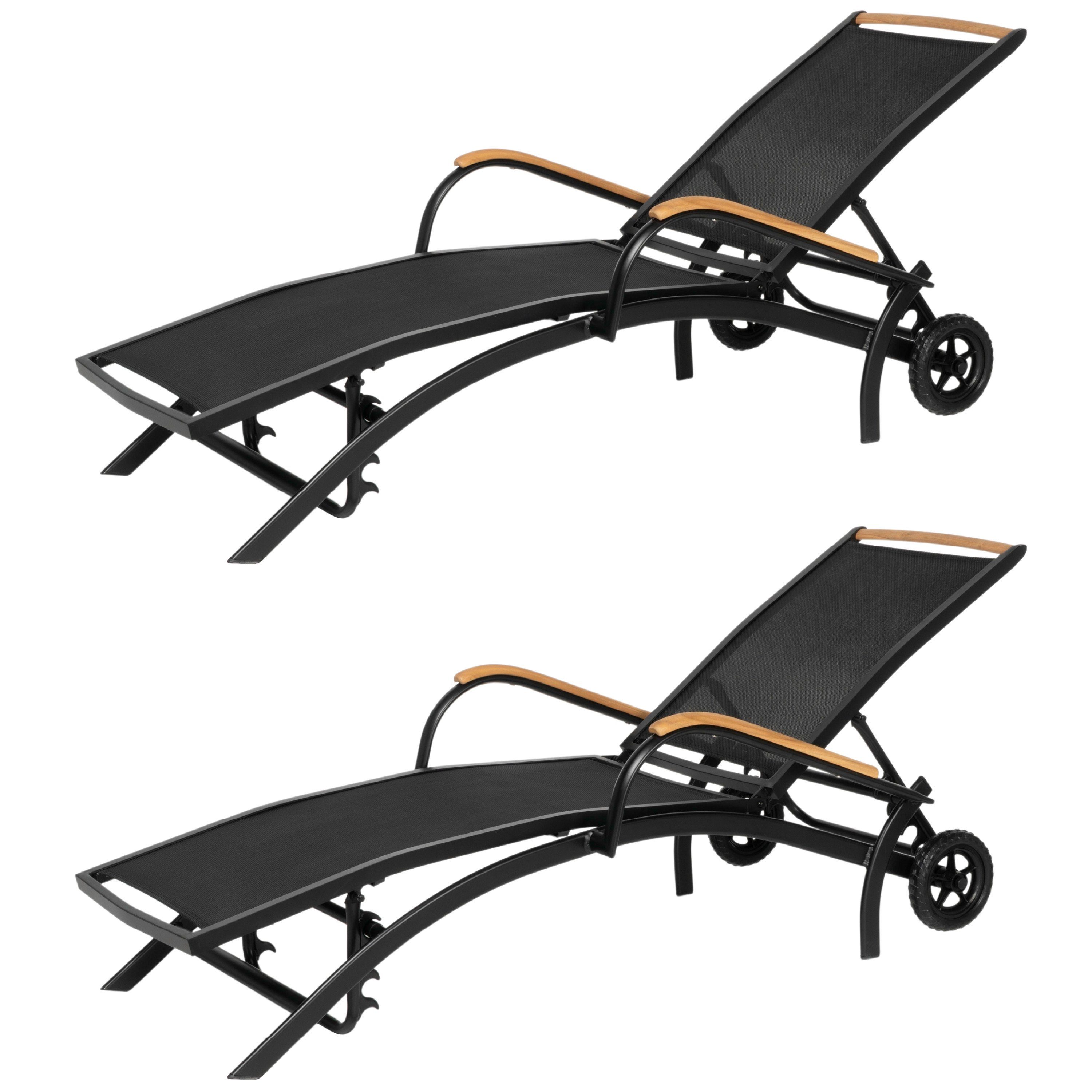 ib style Gartenliege 2er Set Diplomat Gartenliege mit Rollen schwarz,  Sonnenliege Liegestuhl mit Rollen und verstellbarer Rückenlehne