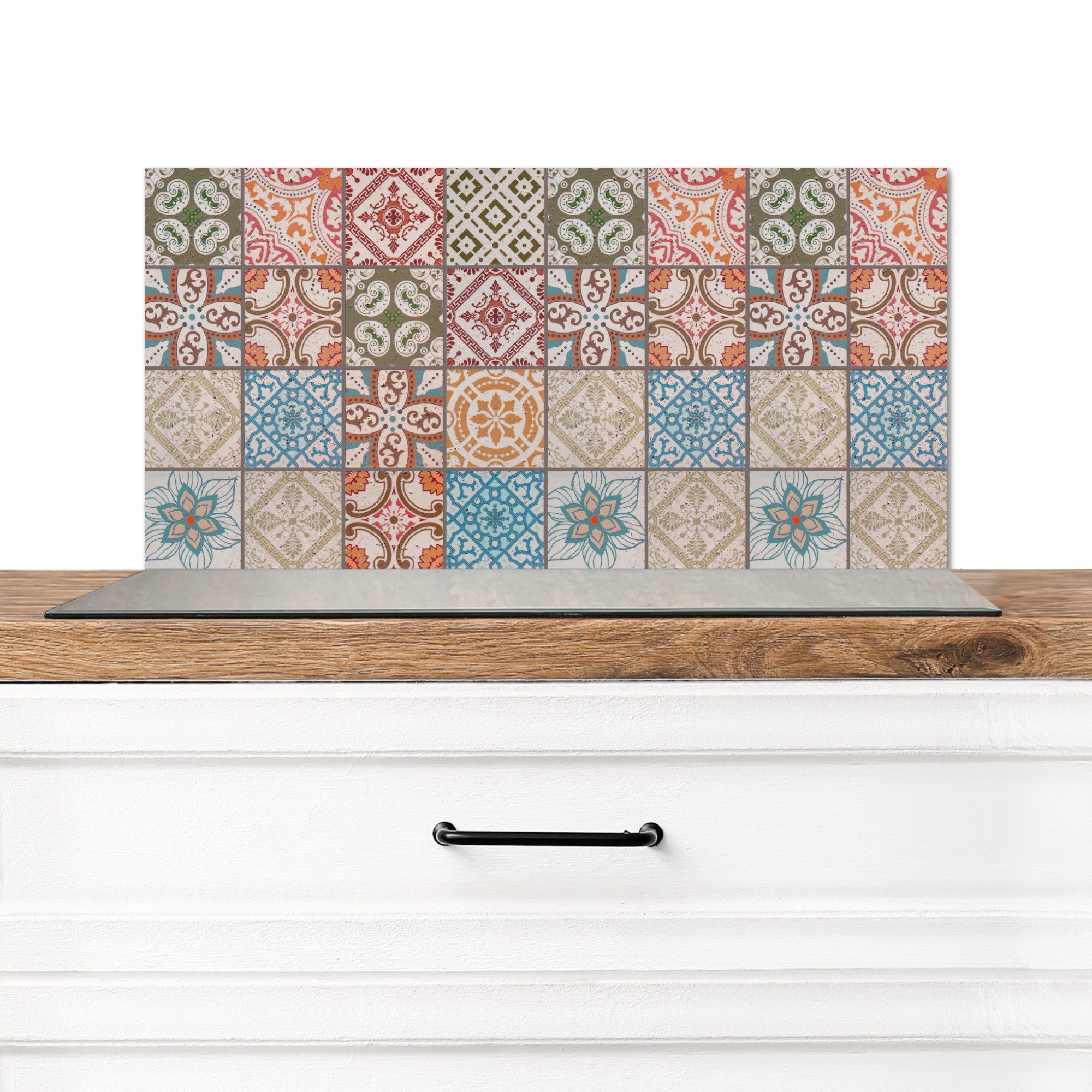 KitchenYeah Küchenrückwand Retro - Kacheln - Patchwork, (1-tlg), Spritzschutz Küchenrückwand, Wandschutz, 60x30 cm