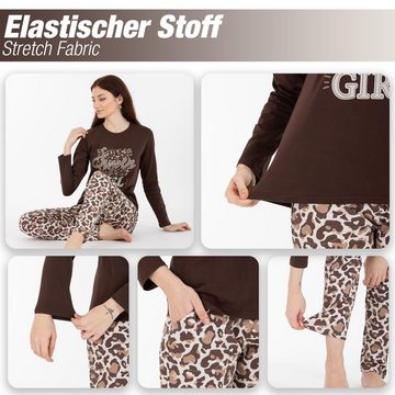 LOREZA Schlafanzug Schlafanzug Pyjama langarm- Leopard - Bunt (Set, 2 tlg)