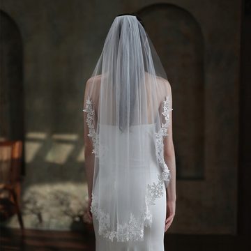 AUKUU Kopftuch Brautschleier Brautschleier Damen Kopfschmuck weiß einlagig, Spitze 80 cm–100 cm