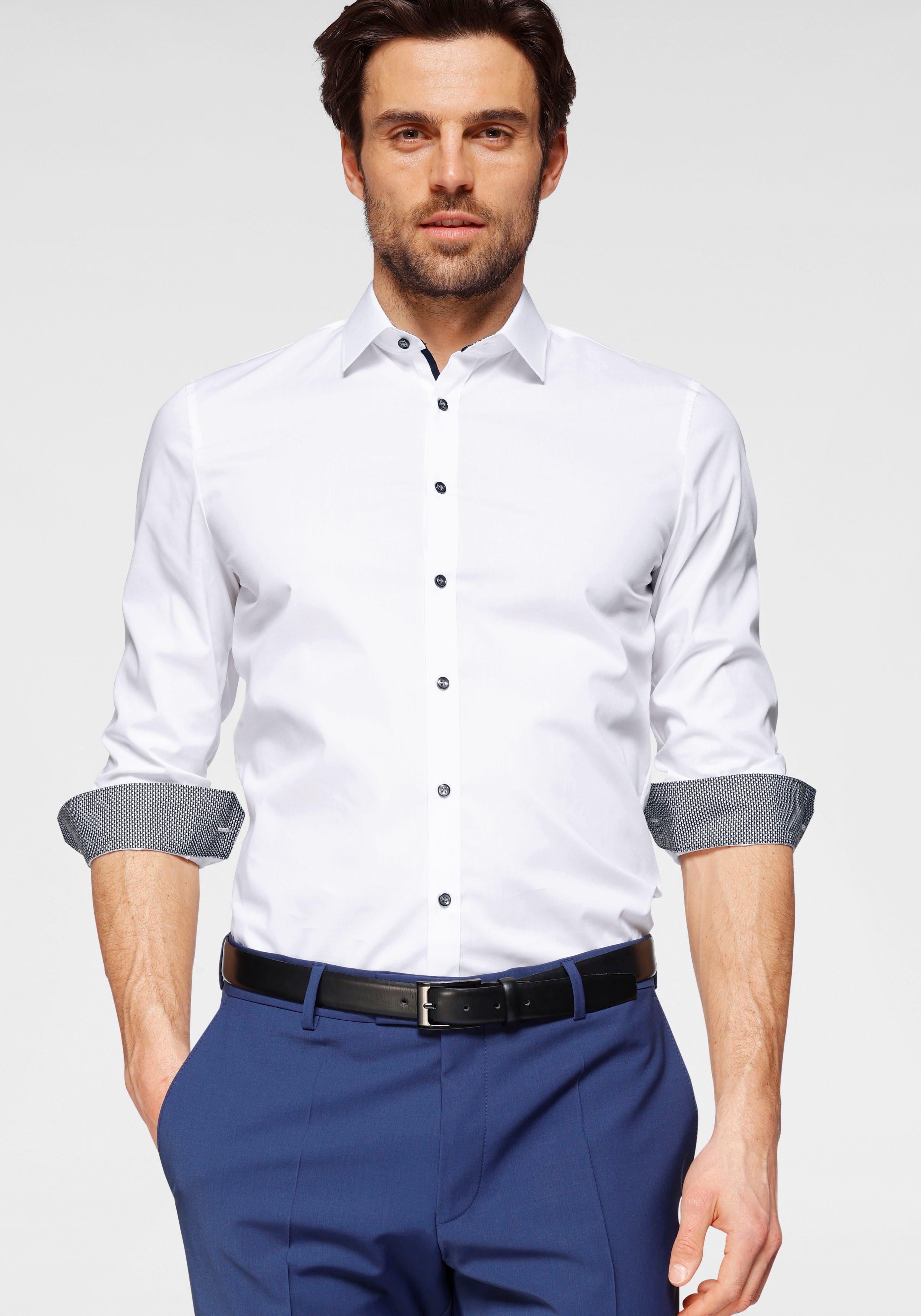 OLYMP Businesshemd No. Six super slim super slim, Comfort Stretch, bügelleicht weiß-anthrazit-kontrastfarbene Details