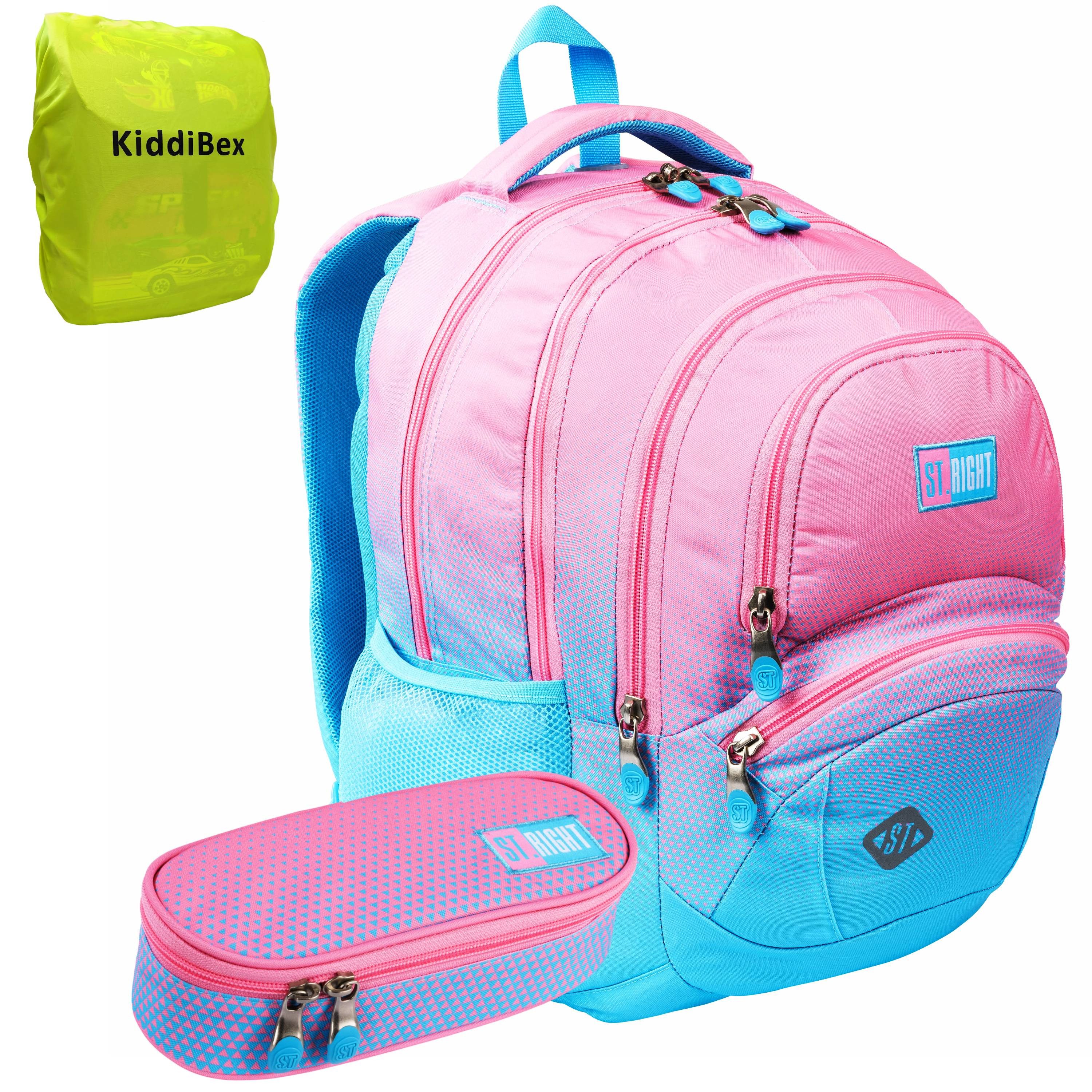 KiddiBex Schulrucksack Teenager Mädchen Schulranzen ab 5. Klasse mit Brustgurt (Set, 3-tlg., Schulrucksack, Federmäppchen, Regenschutz), Rucksack Schule Mädchen, Ergonomischer Schulranzen Pink Blau Gradient