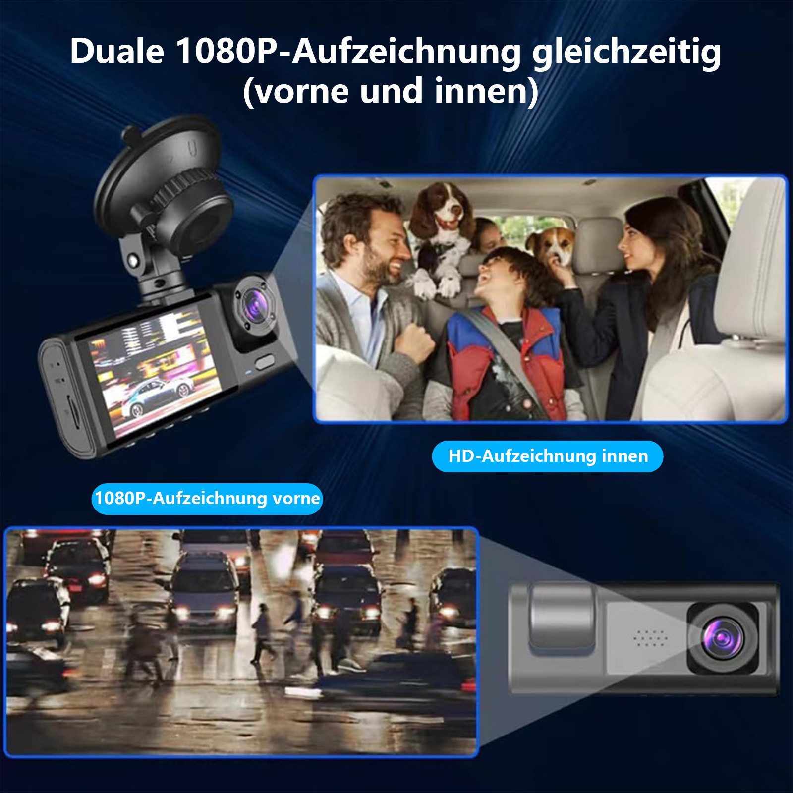 MOPUEA 3-Kamera Dashcam Auto 1080P Full HD Front Innen Rückkamera Dashcam (Nachtsicht Parküberwachung Bewegungserkennung Auto Kamera, Dual Aufnahme vorne und innen gleichzeitig, Weitwinke)