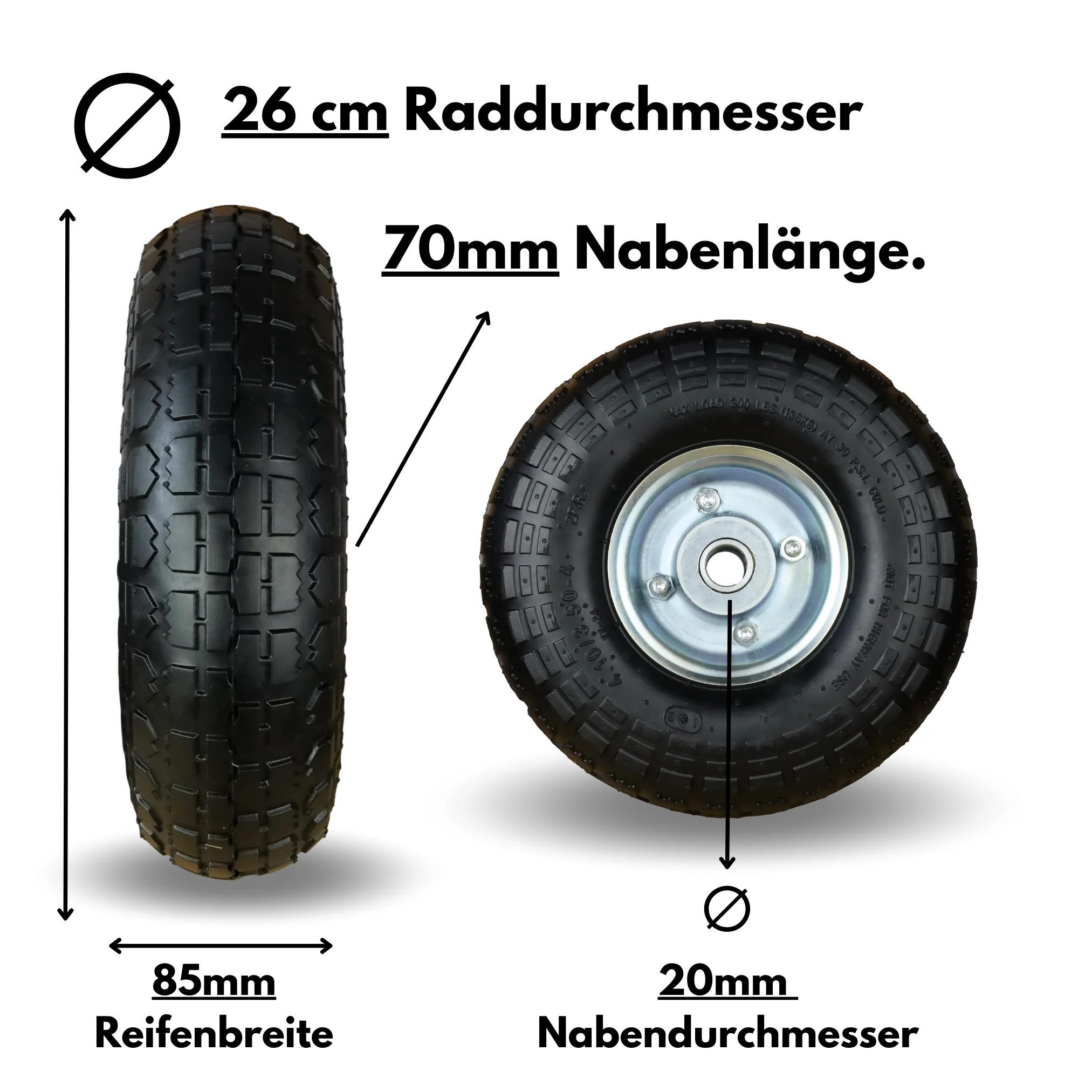 Frosal Ersatzrad 2 x FROSAL Luft-Rad Stahlfelge Silber 20 mm Bollerwagen Sackkarre (2 St)